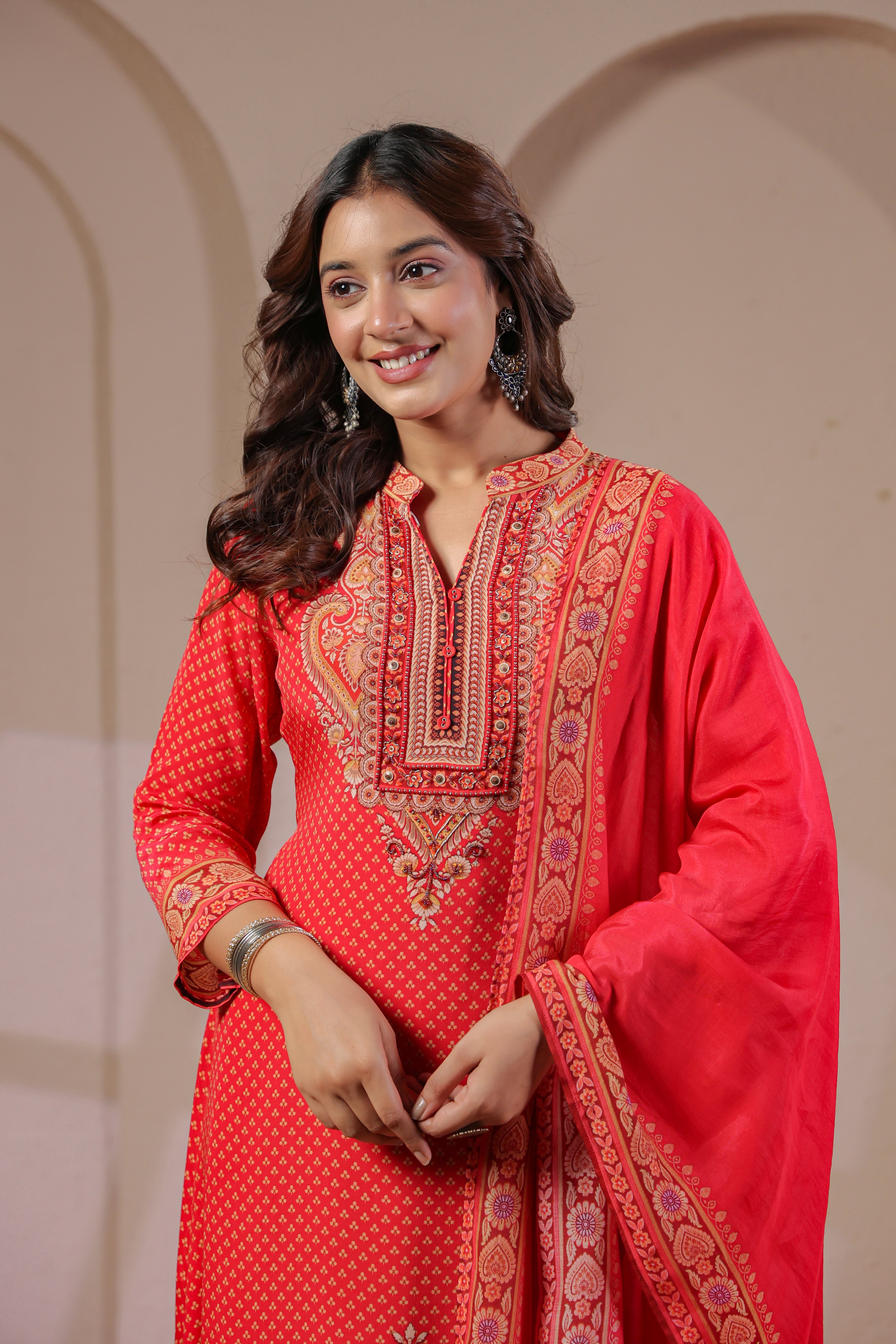 Coral Red Printed Crepe Silk Pant Set