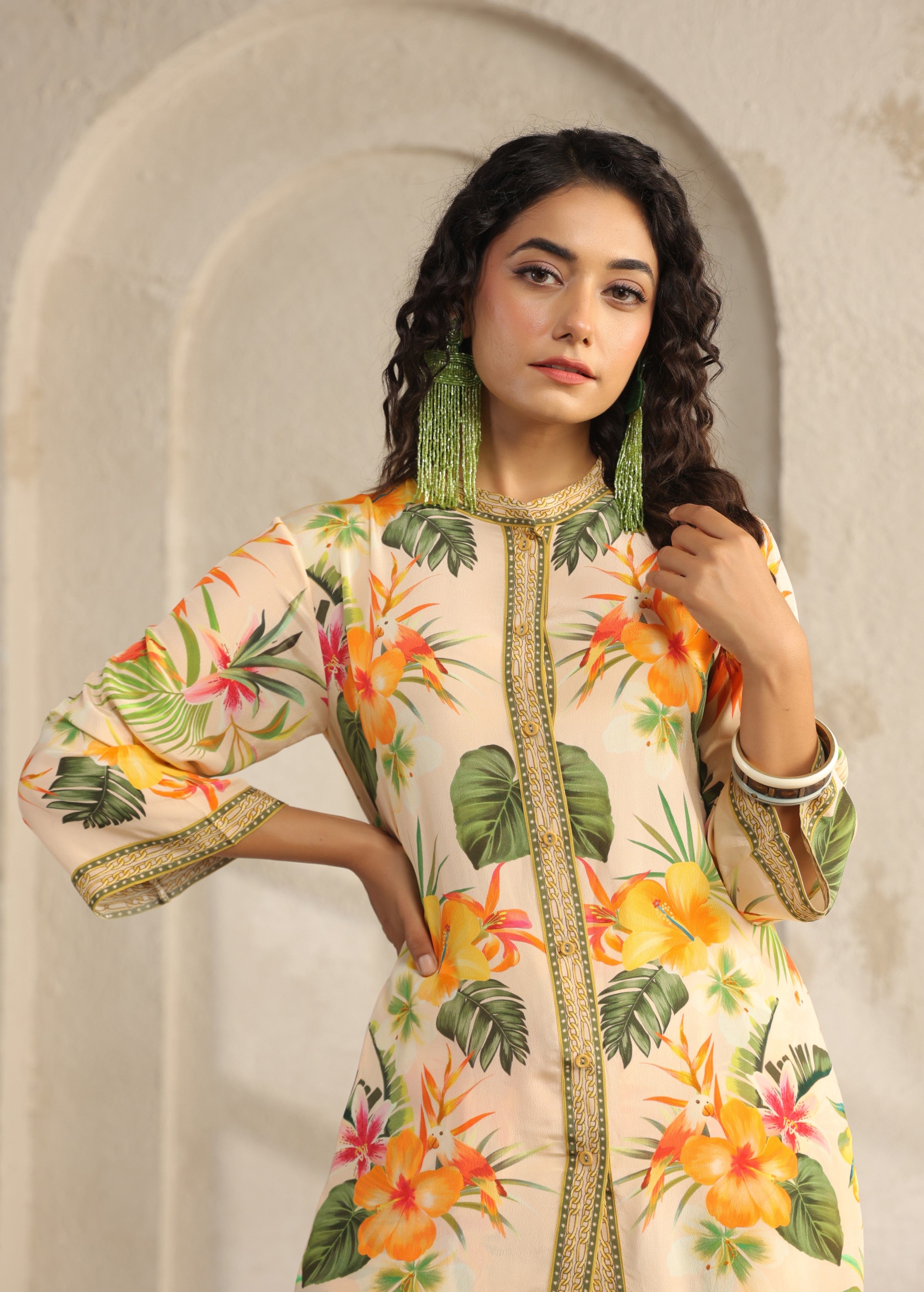 Cream Tropical Printed Viscose Crepe Co-Ord Set