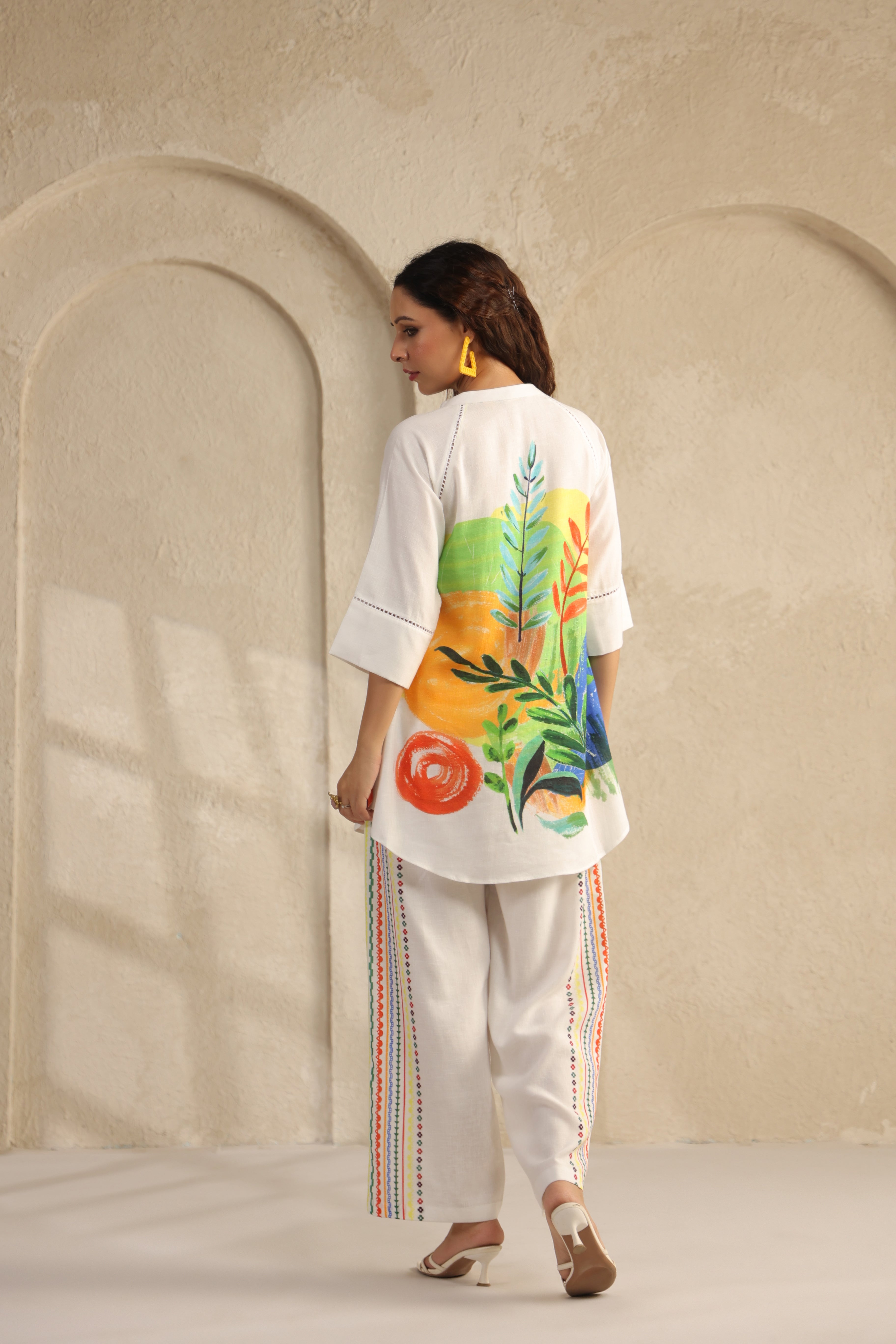 Ivory Abstract Printed Pure Linen Co-Ord Set