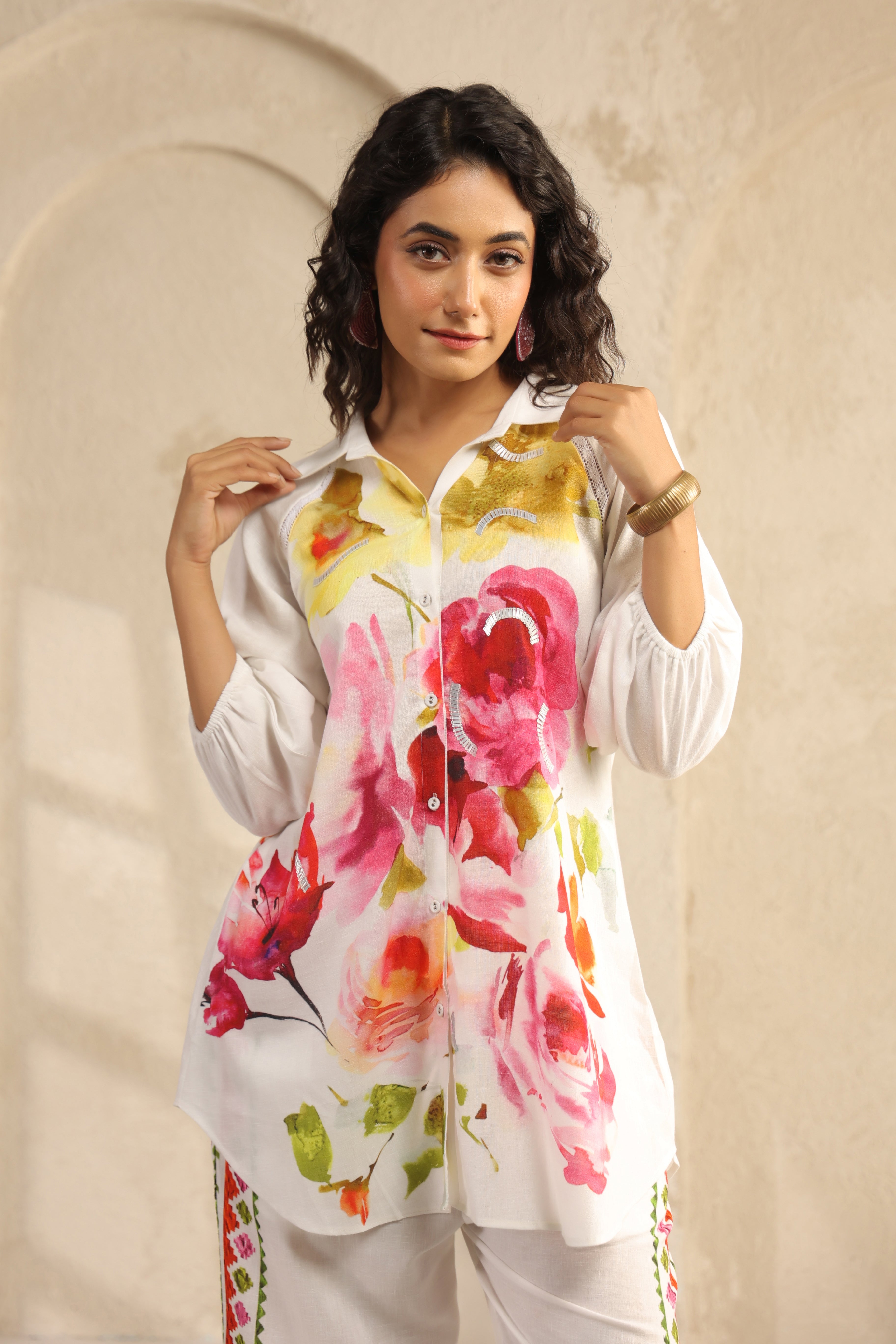 Ivory Floral Printed Pure Linen Co-Ord Set