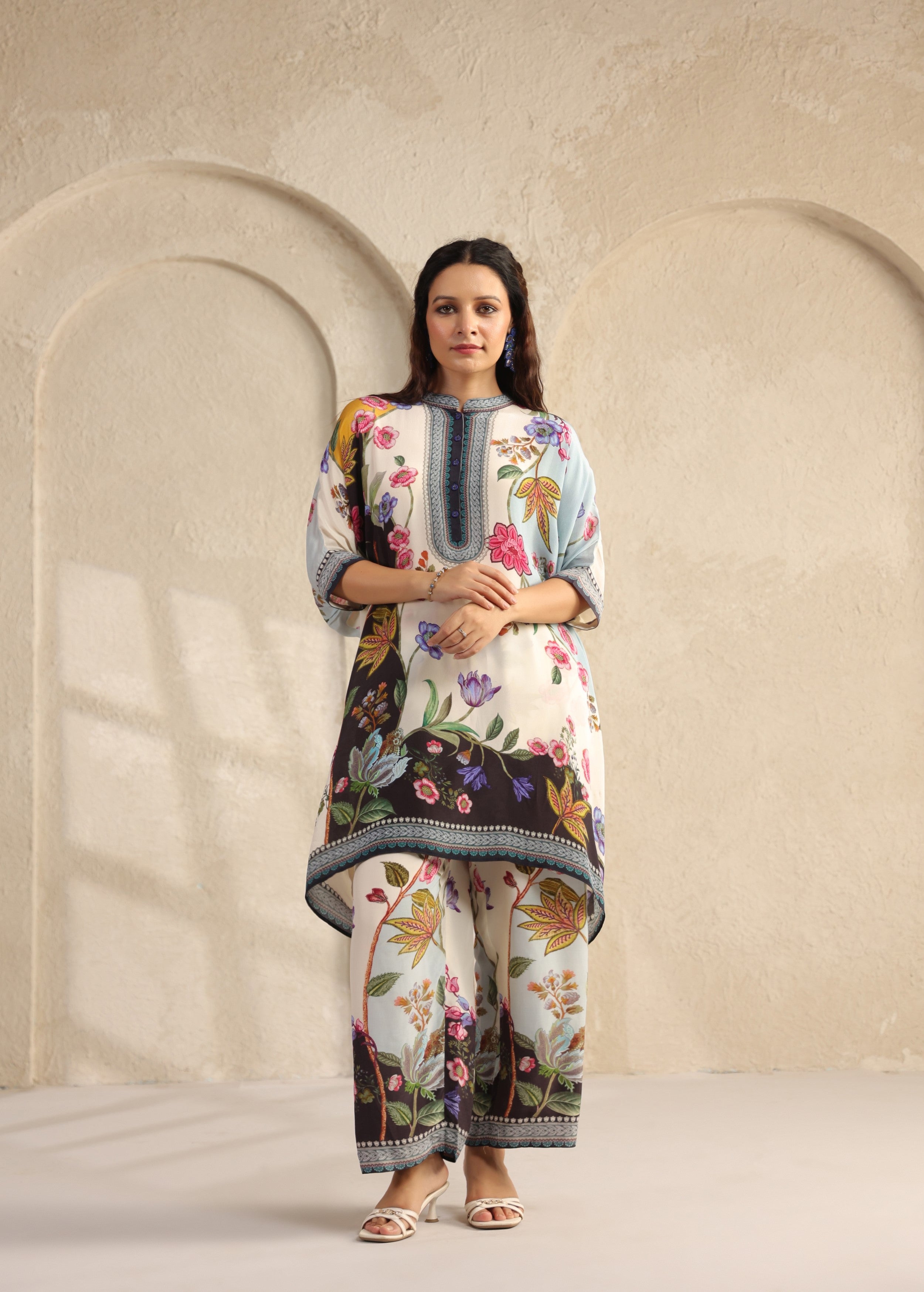 Ivory Floral Printed Viscose Crepe Co-Ord Set