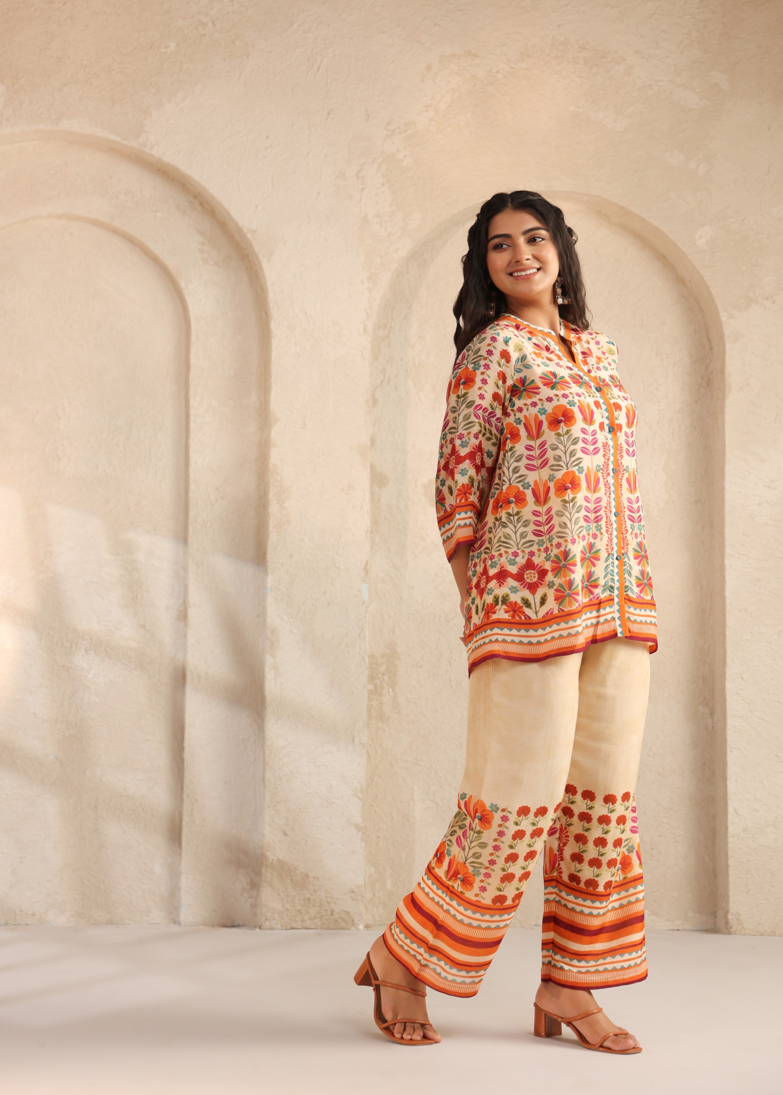 Beige Floral Printed Pure Linen Co-Ord Set