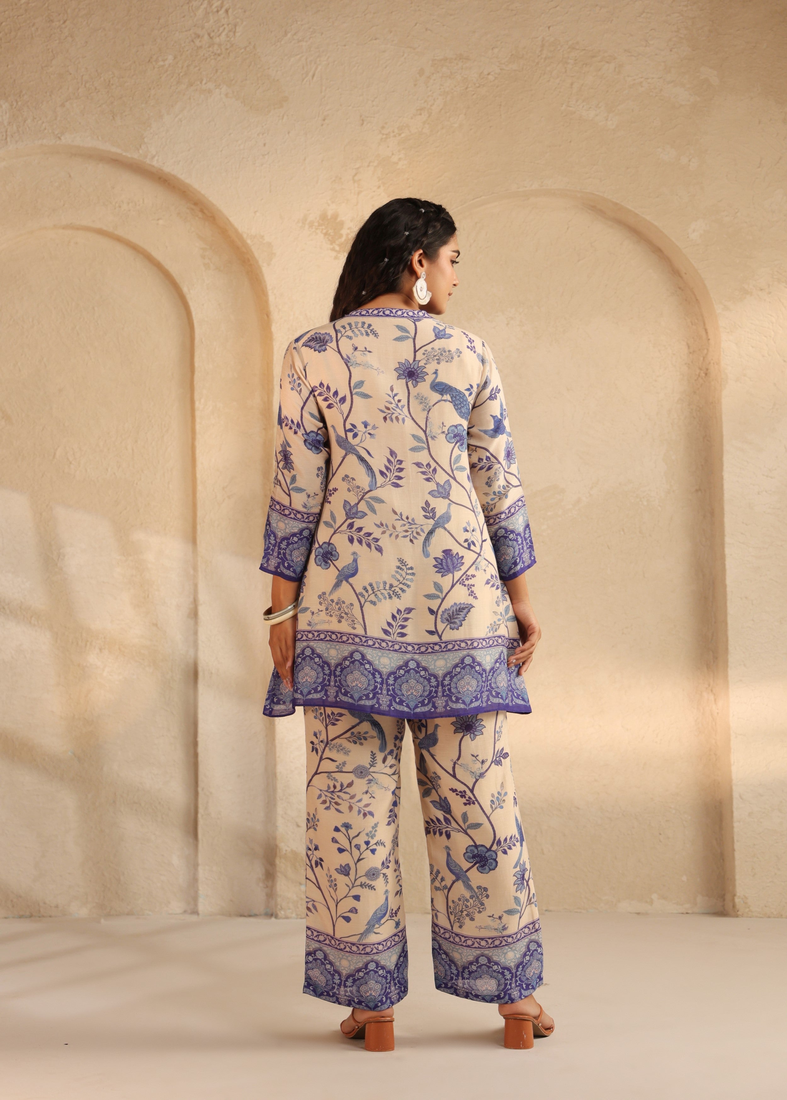 Beige and Indigo Printed Pure Linen Co-Ord Set