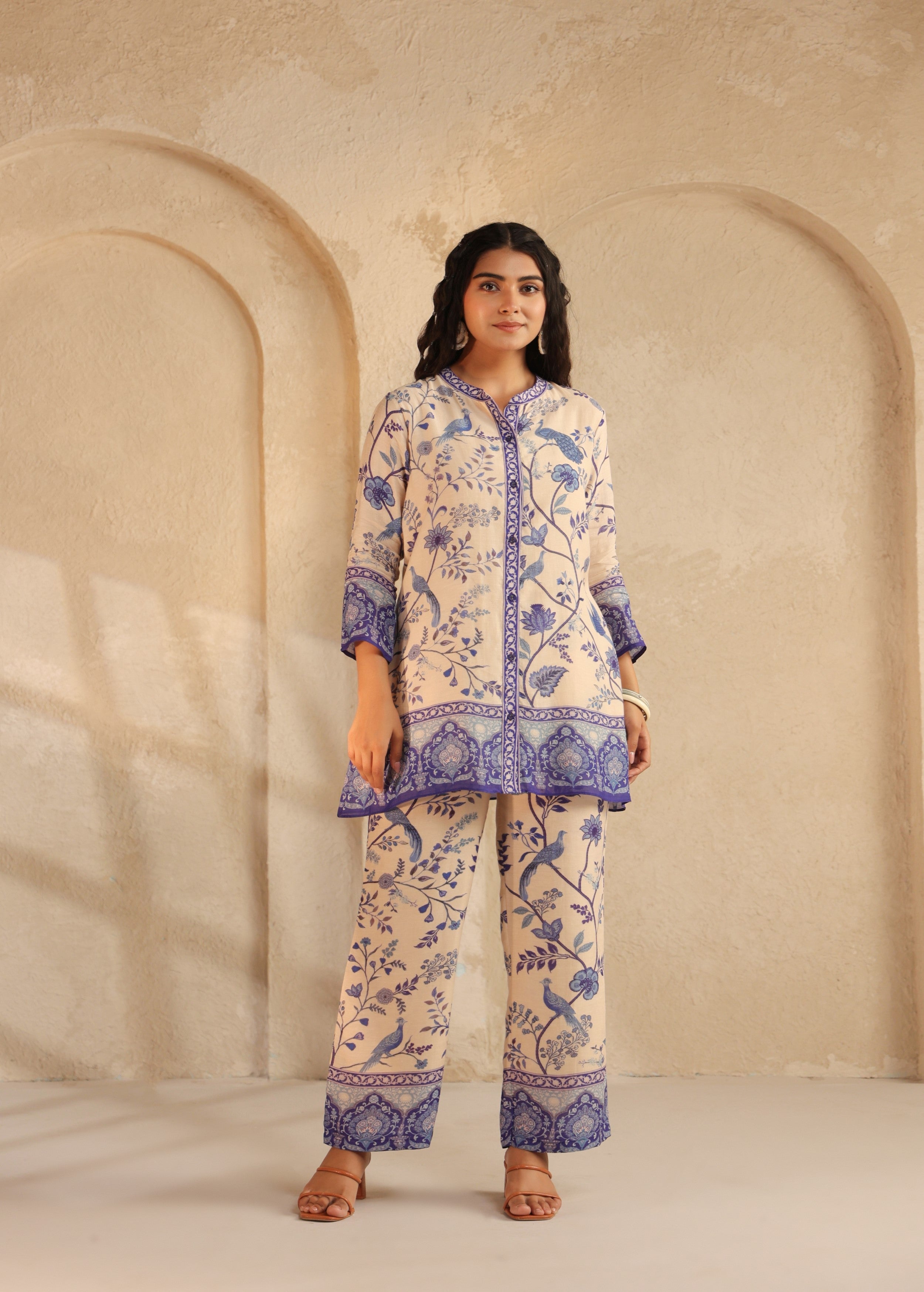 Beige and Indigo Printed Pure Linen Co-Ord Set