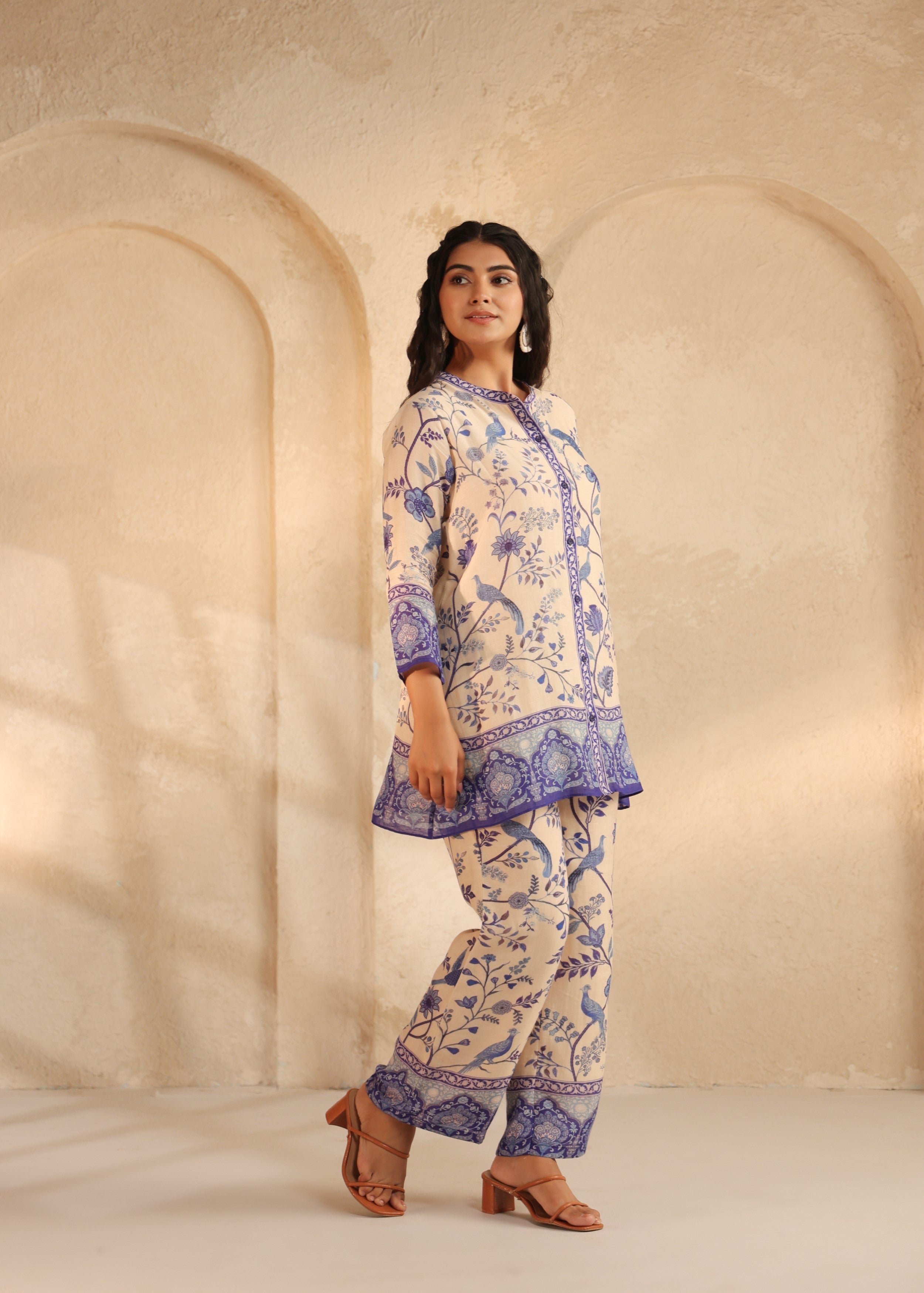 Beige and Indigo Printed Pure Linen Co-Ord Set