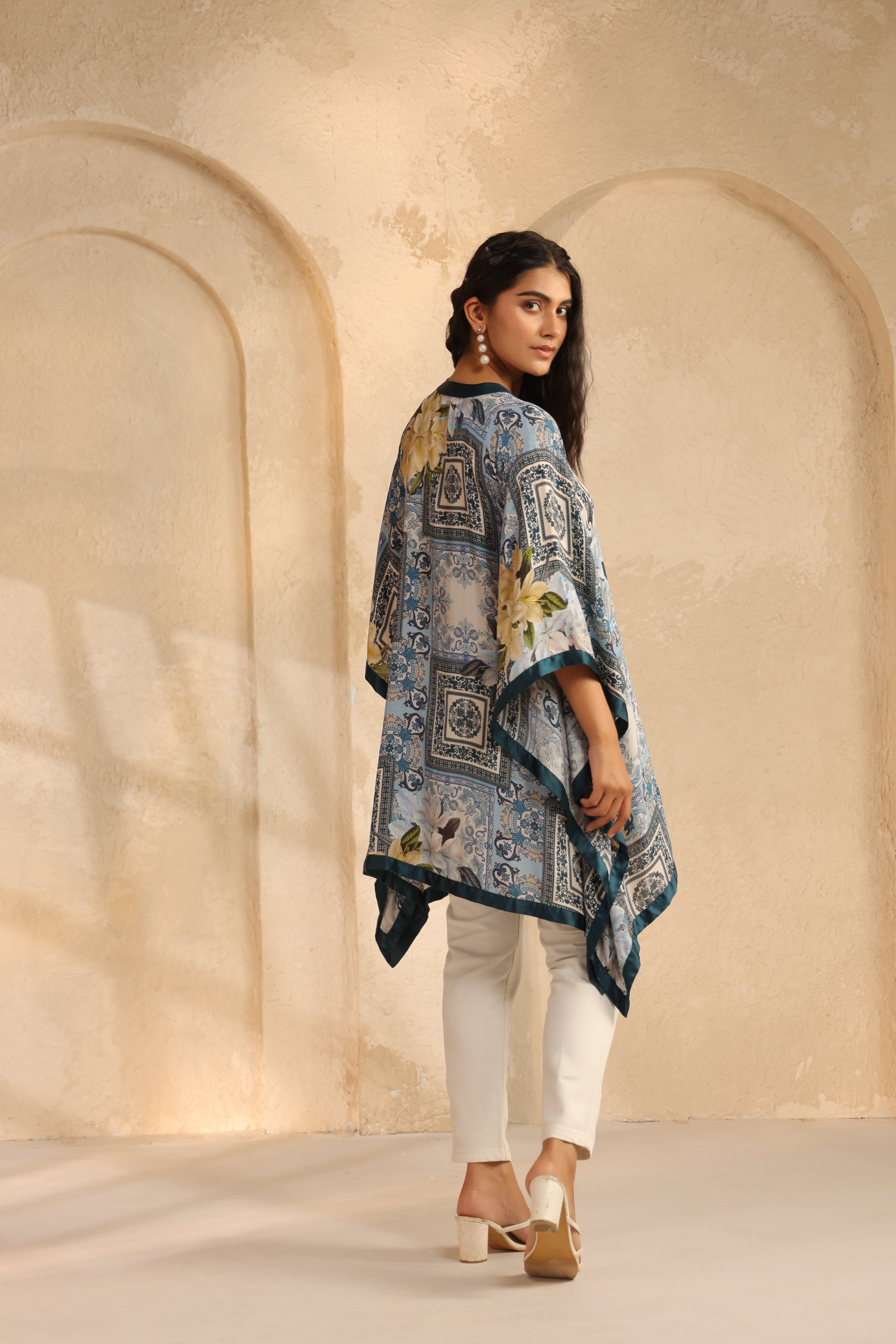 Deep Teal Printed Viscose Crepe Kaftan Top