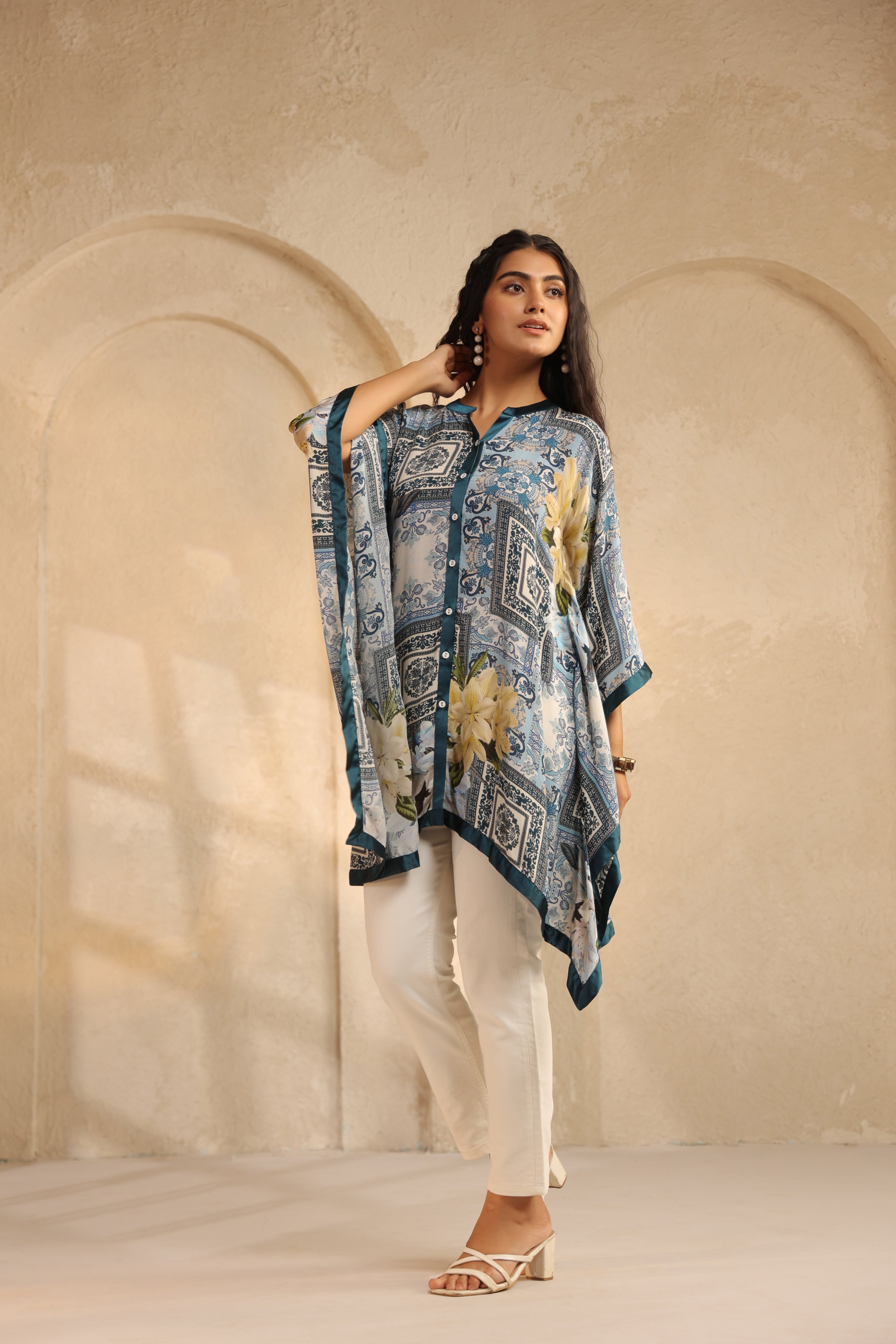 Deep Teal Printed Viscose Crepe Kaftan Top
