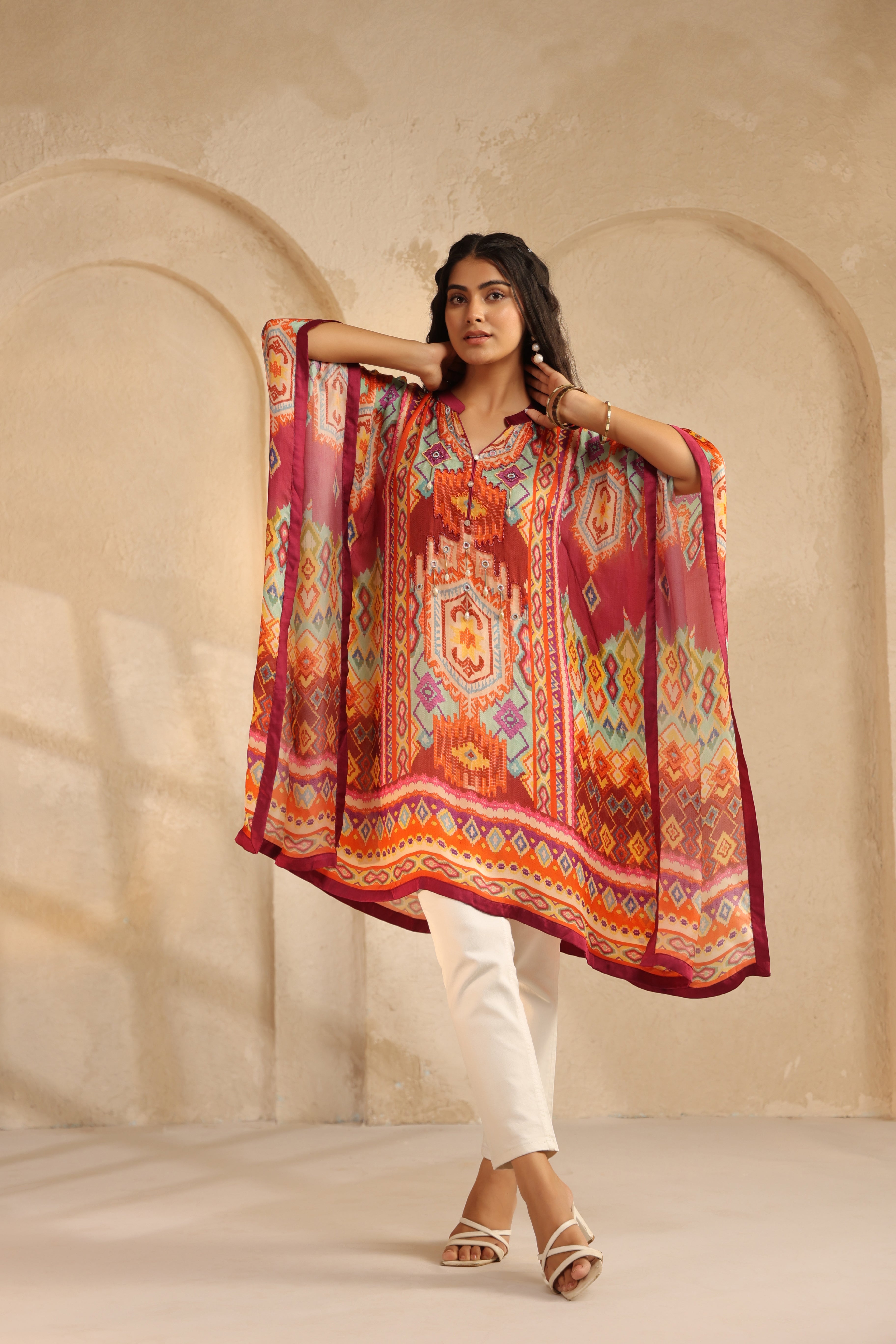 Multi-Color Ikat Printed Satin Silk Poncho Top