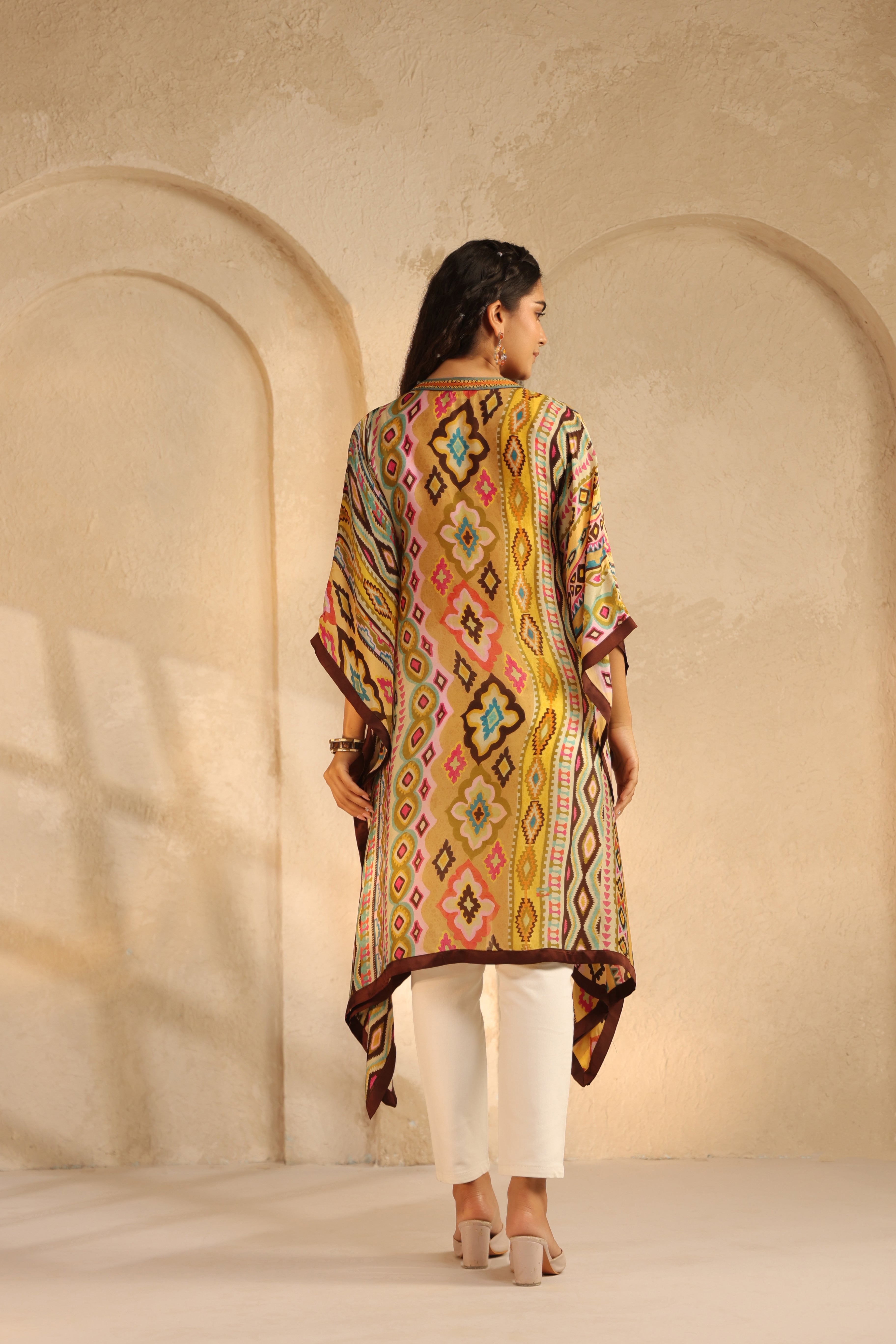 Ochre Yellow Printed Satin Silk Kaftan Top