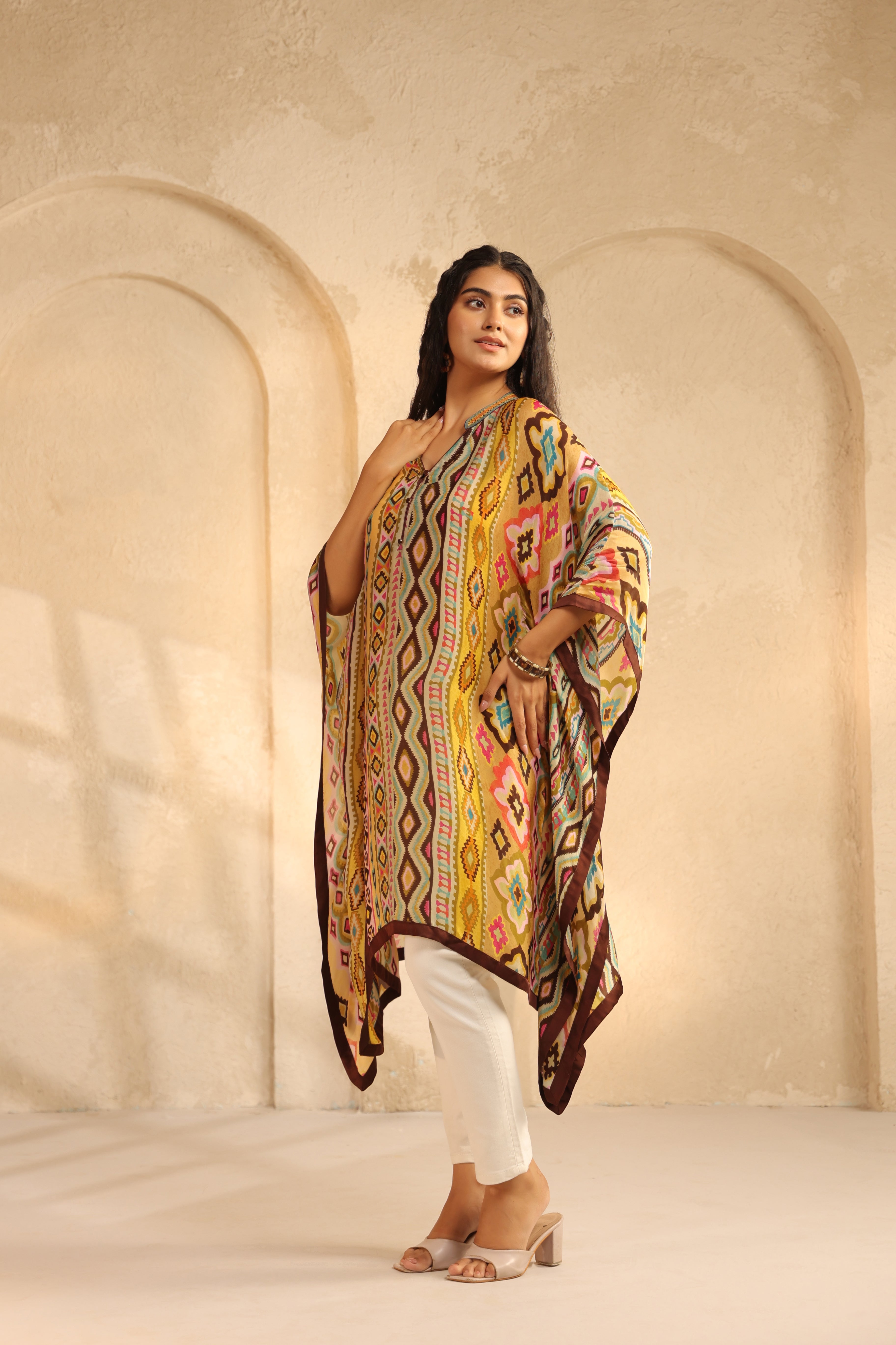 Ochre Yellow Printed Satin Silk Kaftan Top