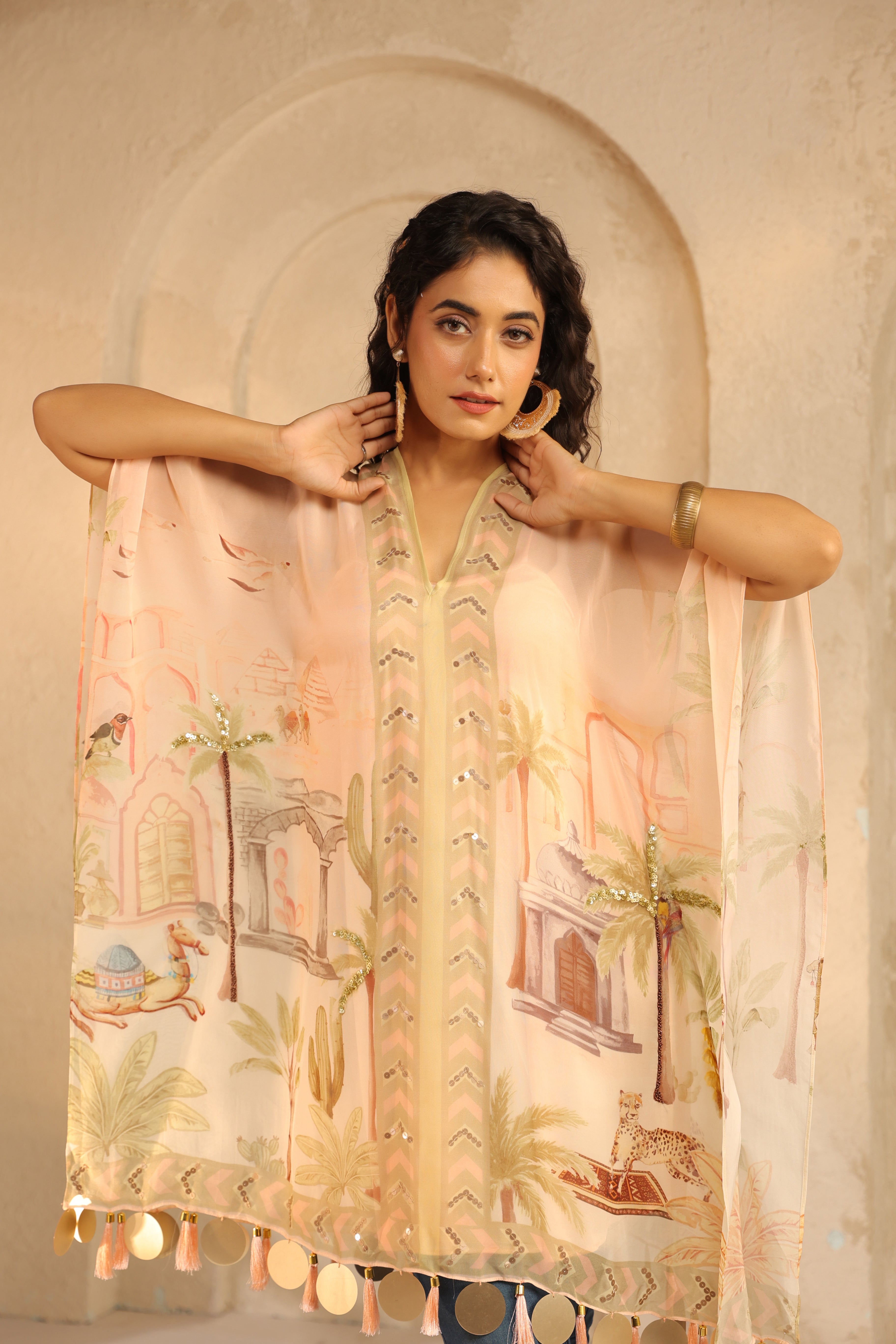 Pastel Peach Printed Viscose Organza Poncho Top