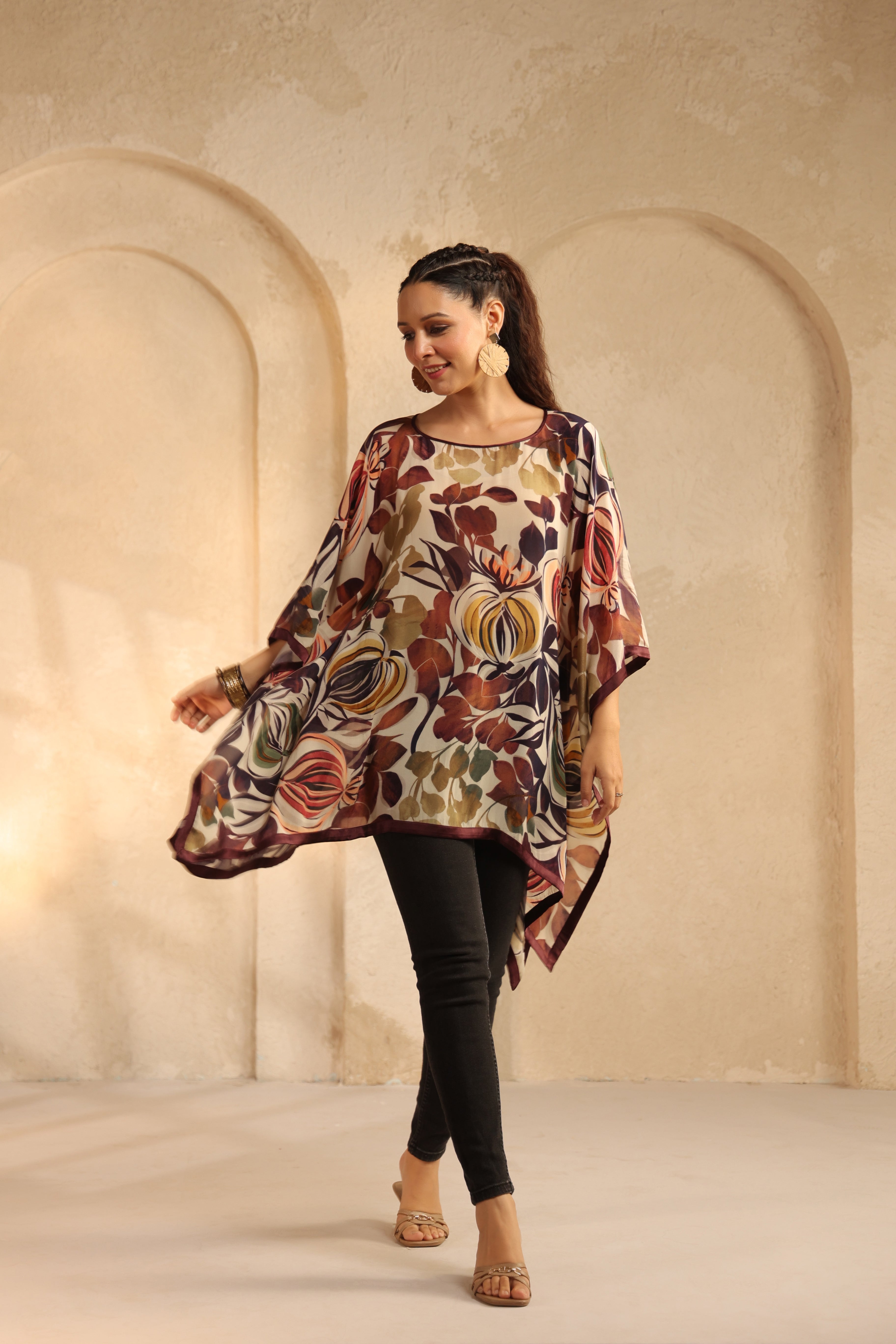 Light Beige Printed Viscose Crepe Kaftan Top