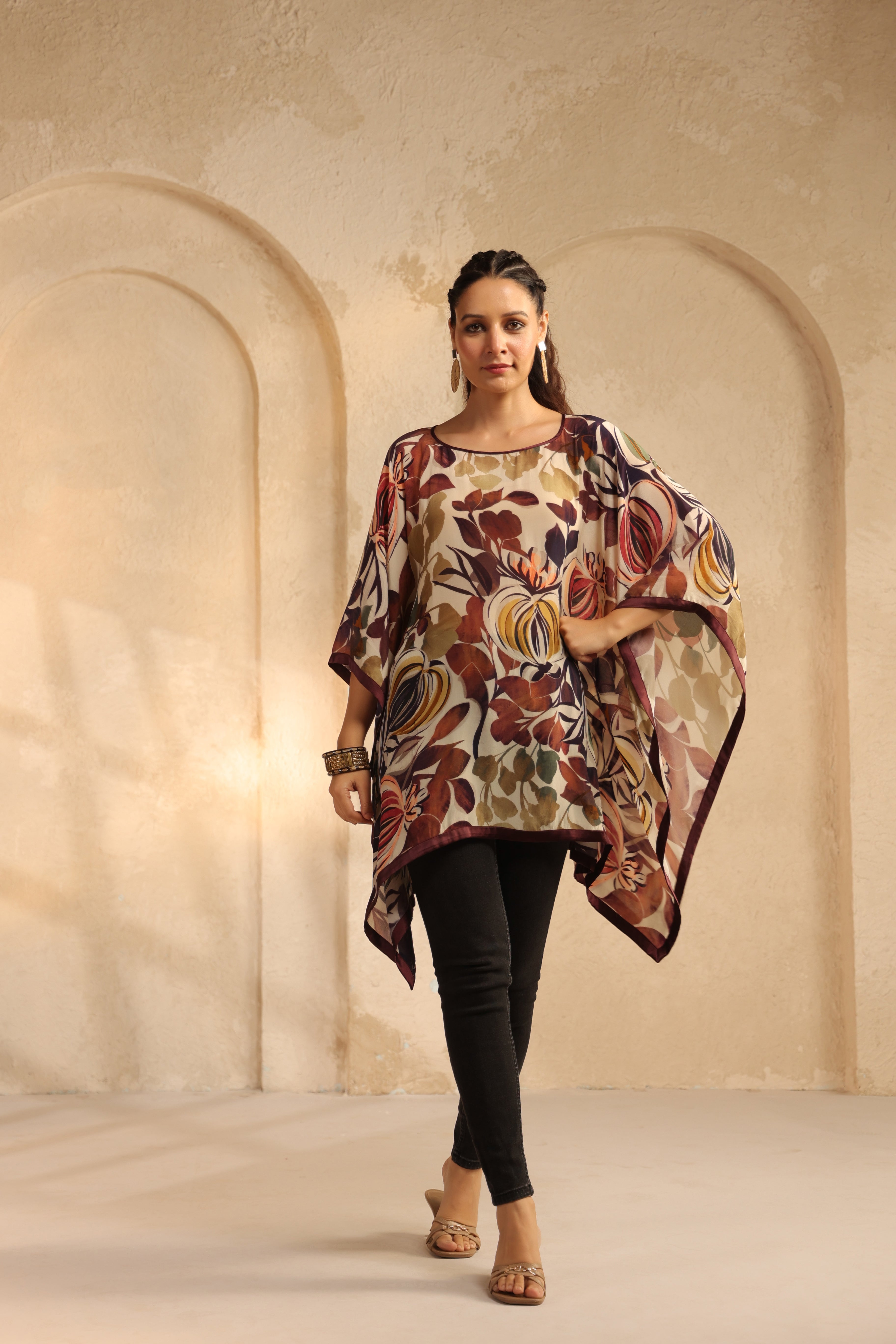 Light Beige Printed Viscose Crepe Kaftan Top