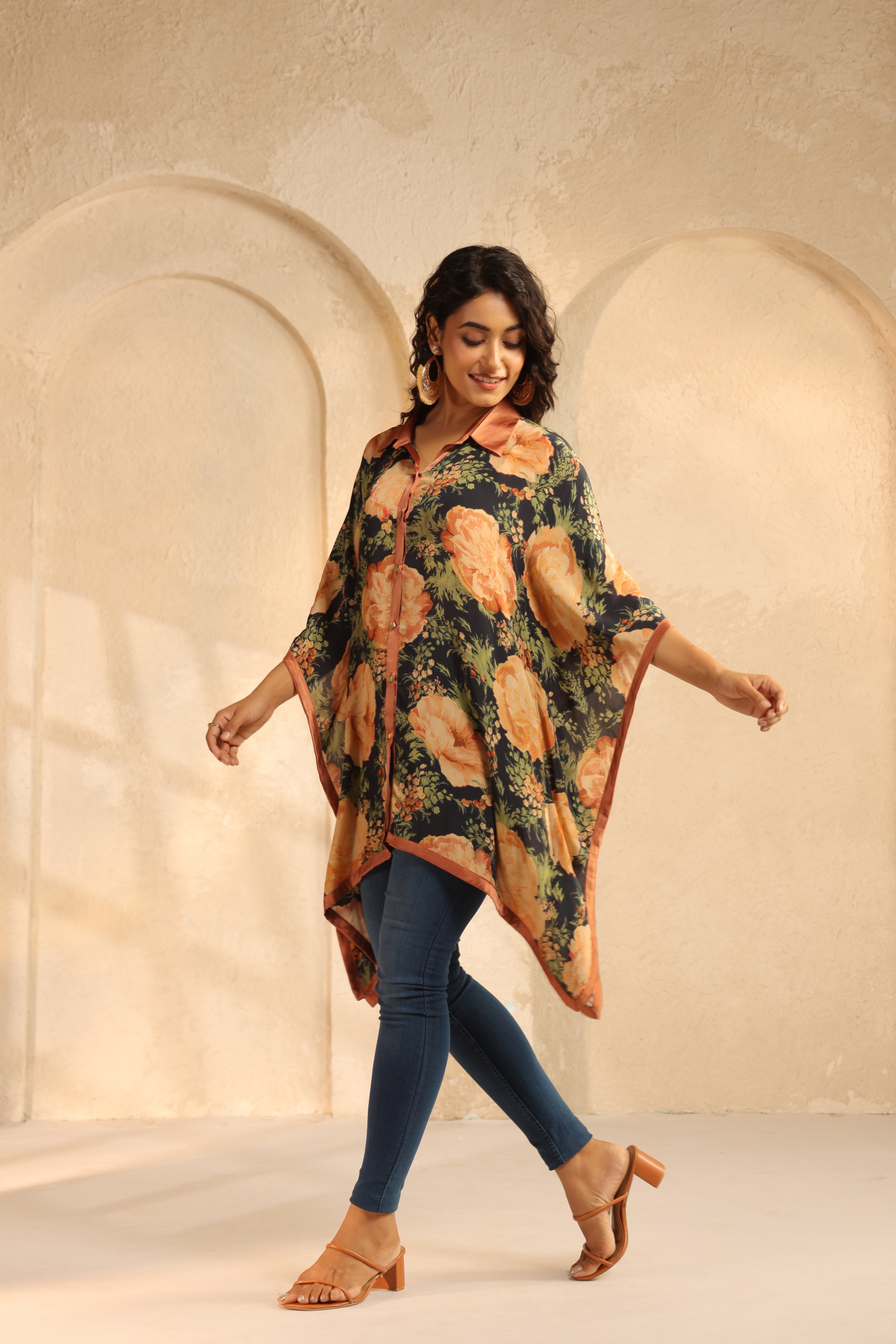 Charcoal Black Printed Viscose Crepe Kaftan Top