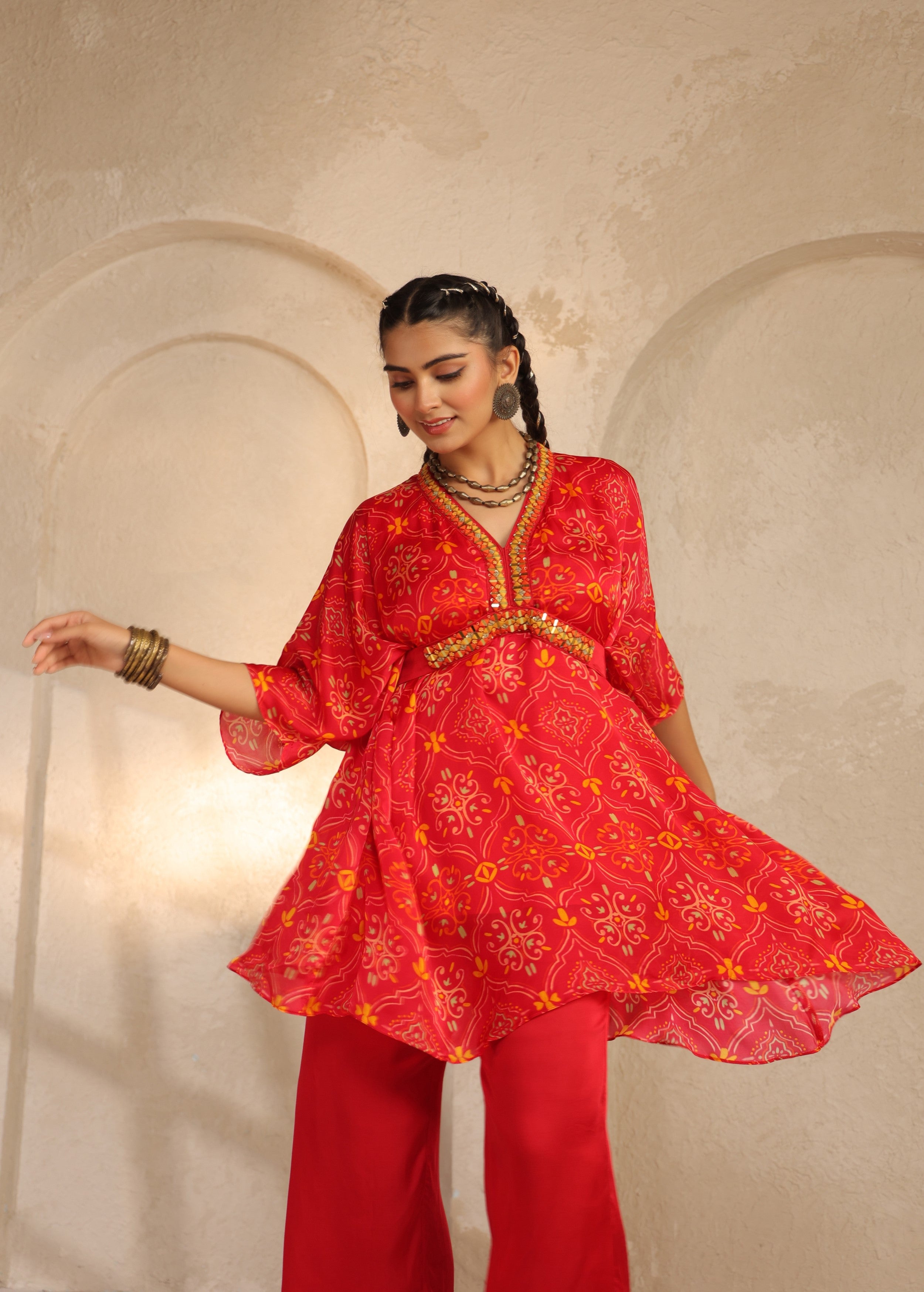 Crimson Red Printed Viscose Georgette Co-Ord Set