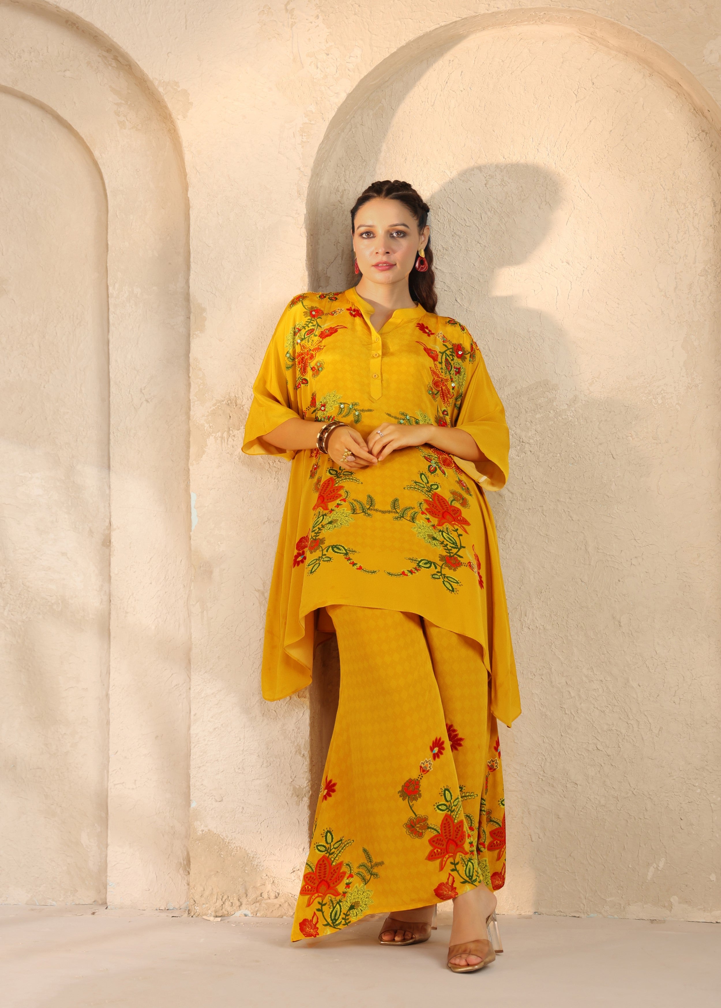 Mustard Yellow Floral Viscose Crepe Palazzo Set