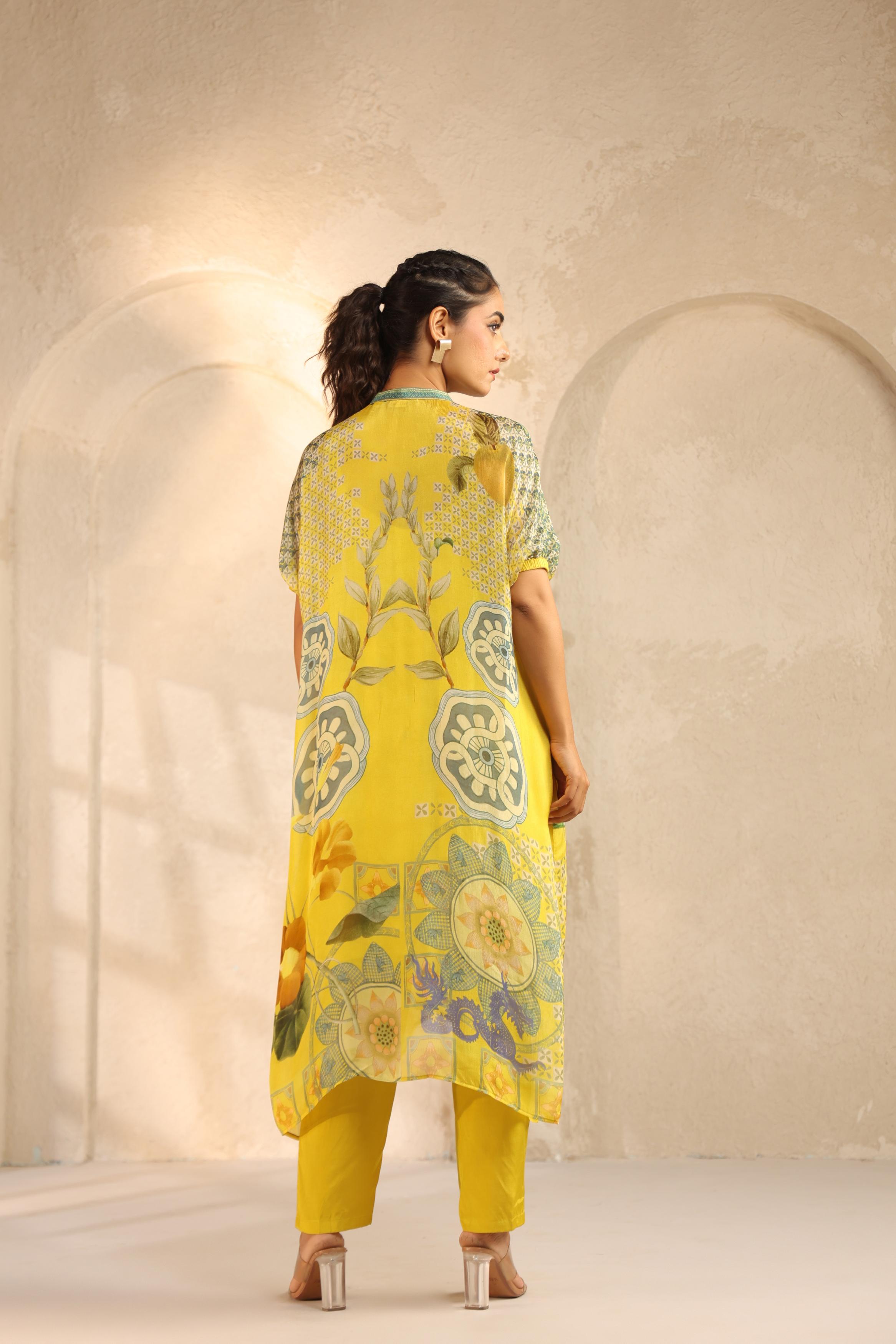 Bright Yellow Printed Chinon Kurta Set