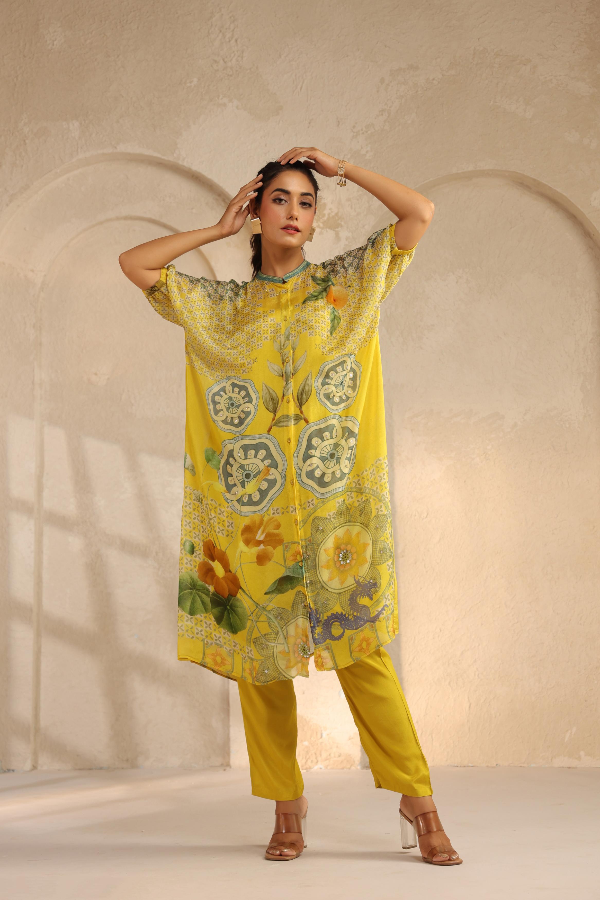 Bright Yellow Printed Chinon Kurta Set