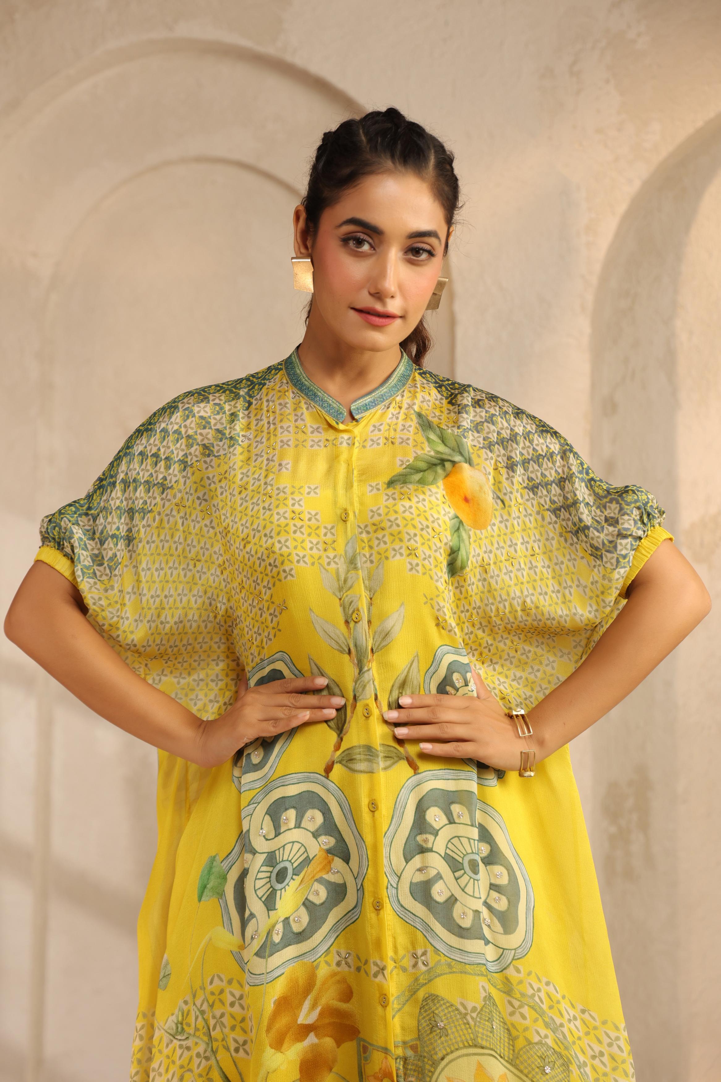 Bright Yellow Printed Chinon Kurta Set