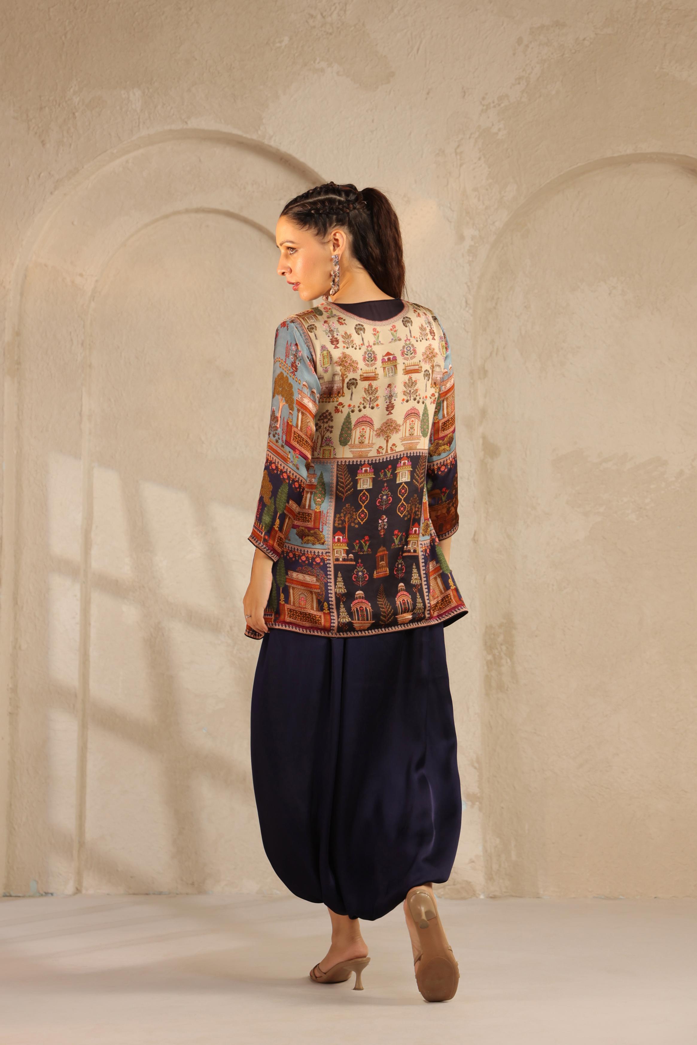 Navy Blue Embellished Modal Satin Dhoti Set