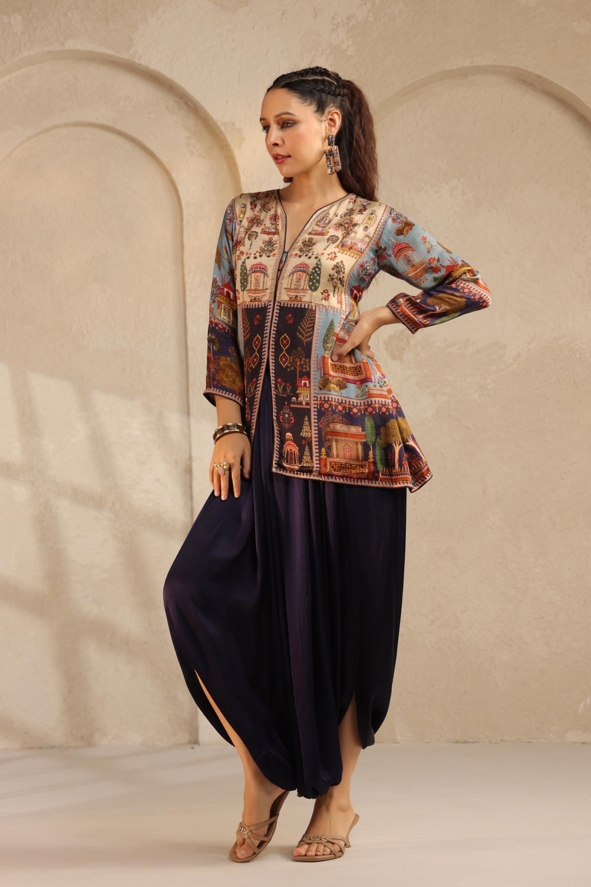 Navy Blue Embellished Modal Satin Dhoti Set