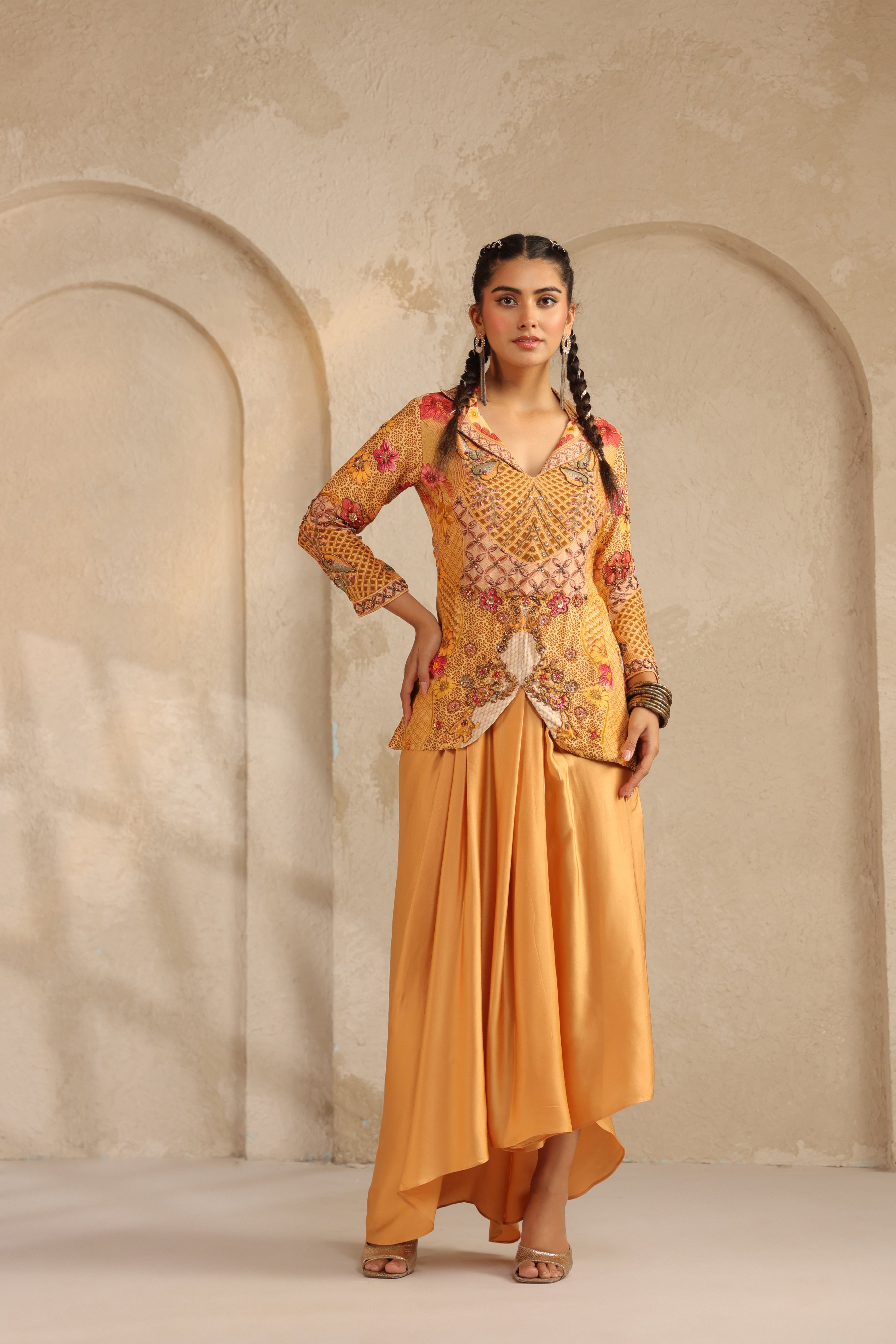 Saffron Yellow Printed Dola Silk Drape Skirt Set