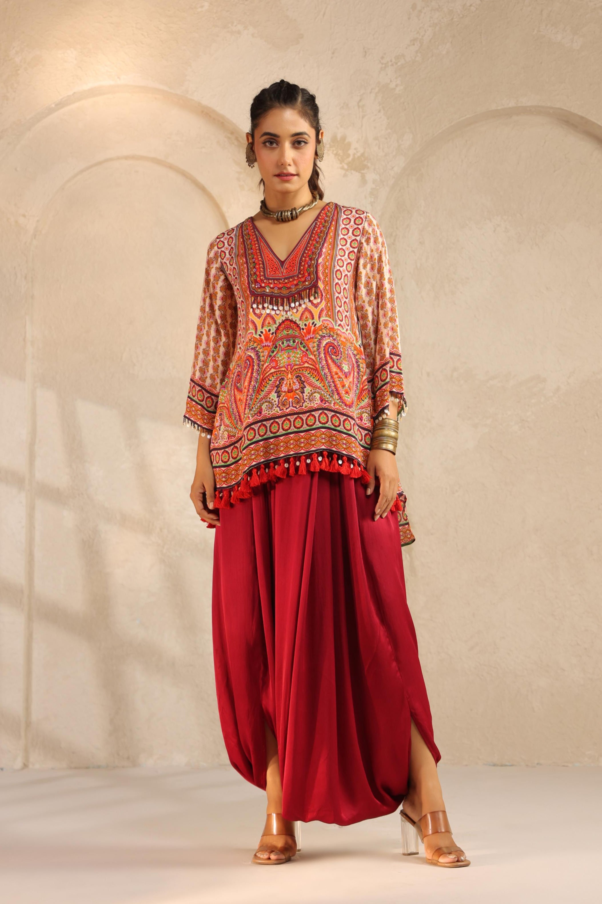 Crimson Red Embellished Modal Satin Dhoti Set