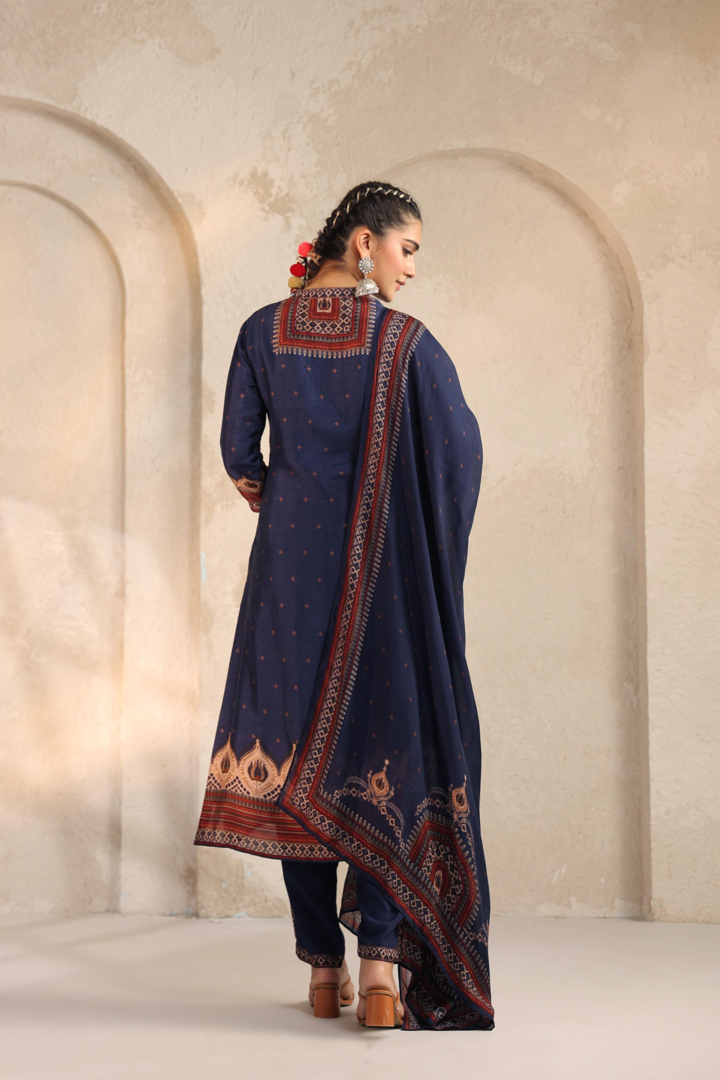 Deep Blue Printed Dola Silk Pant Set