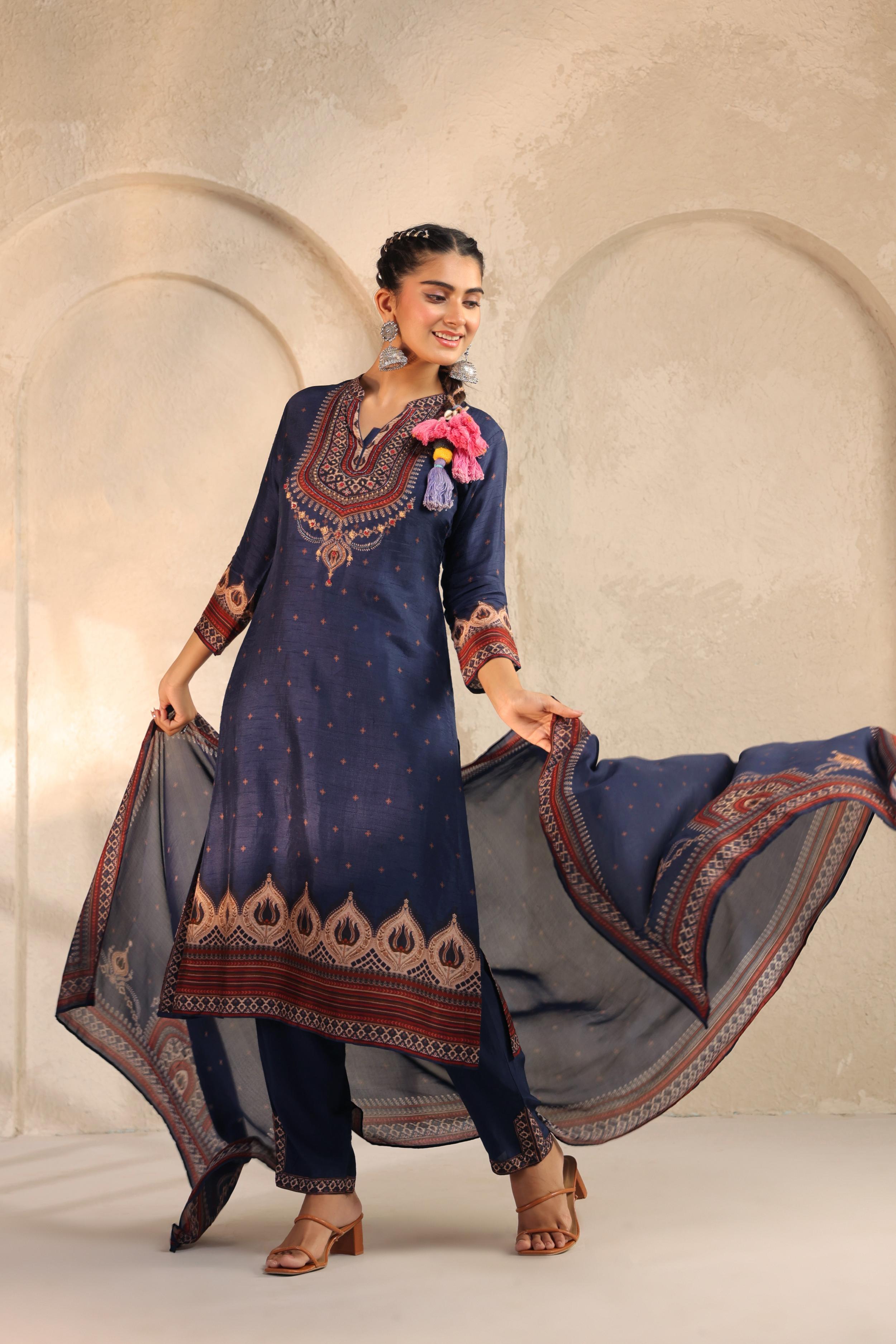 Deep Blue Printed Dola Silk Pant Set