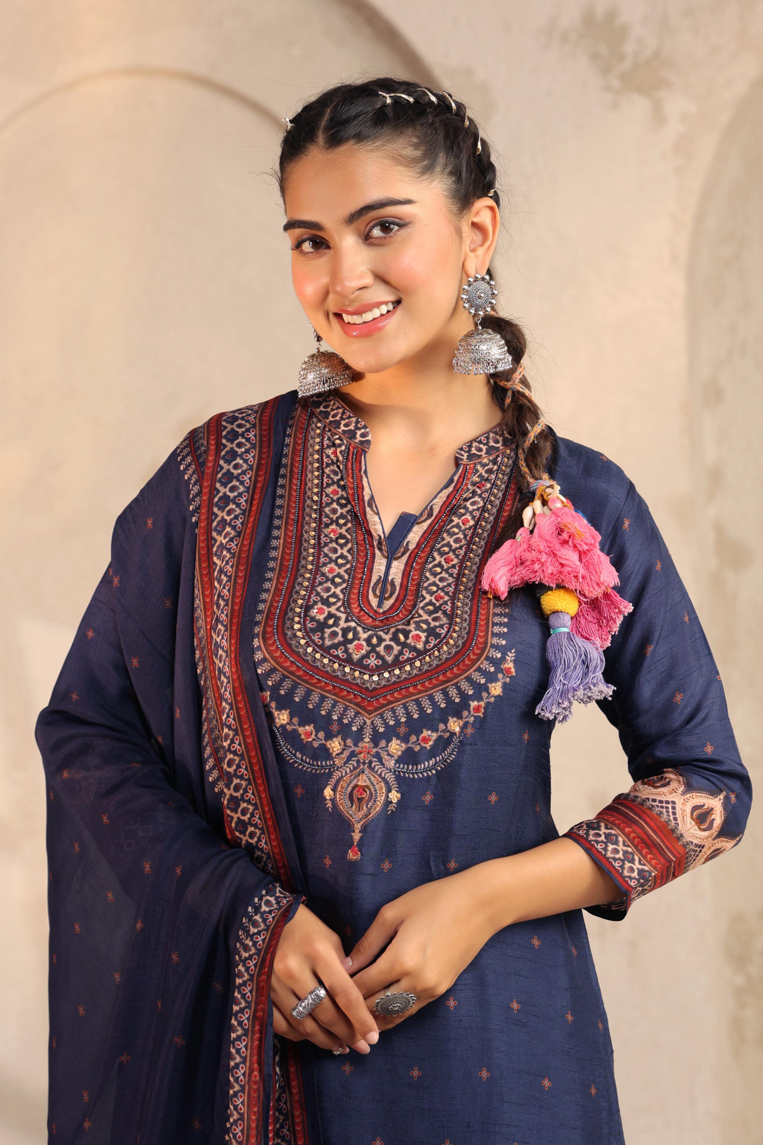 Deep Blue Printed Dola Silk Pant Set