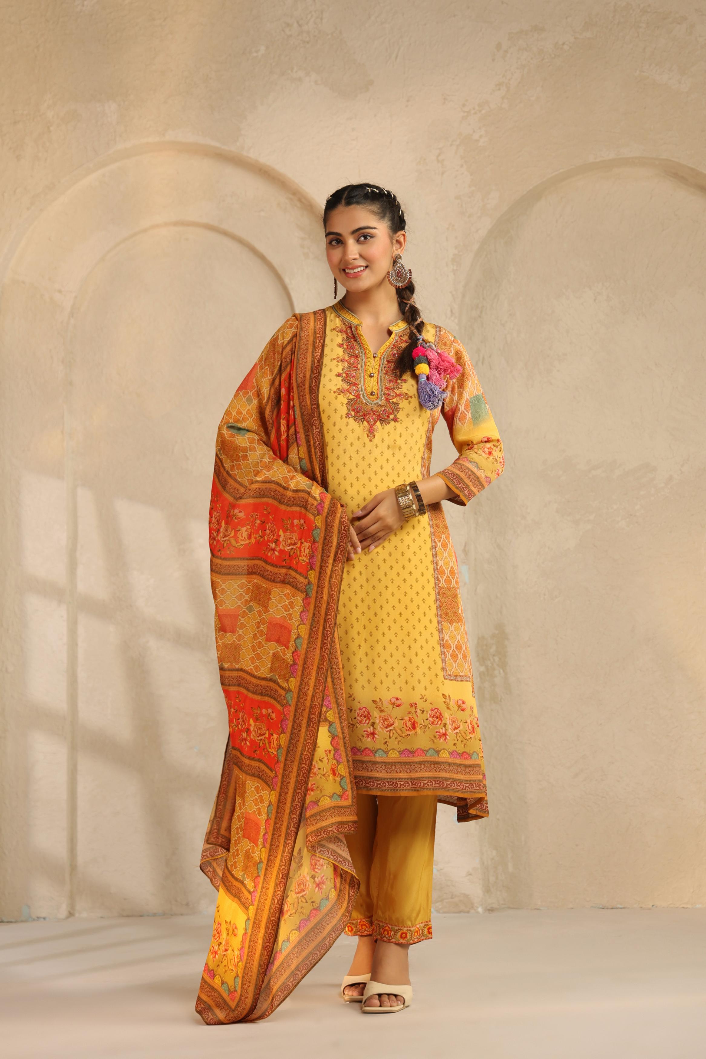 Mustard Yellow Printed Viscose Crepe Pant Set
