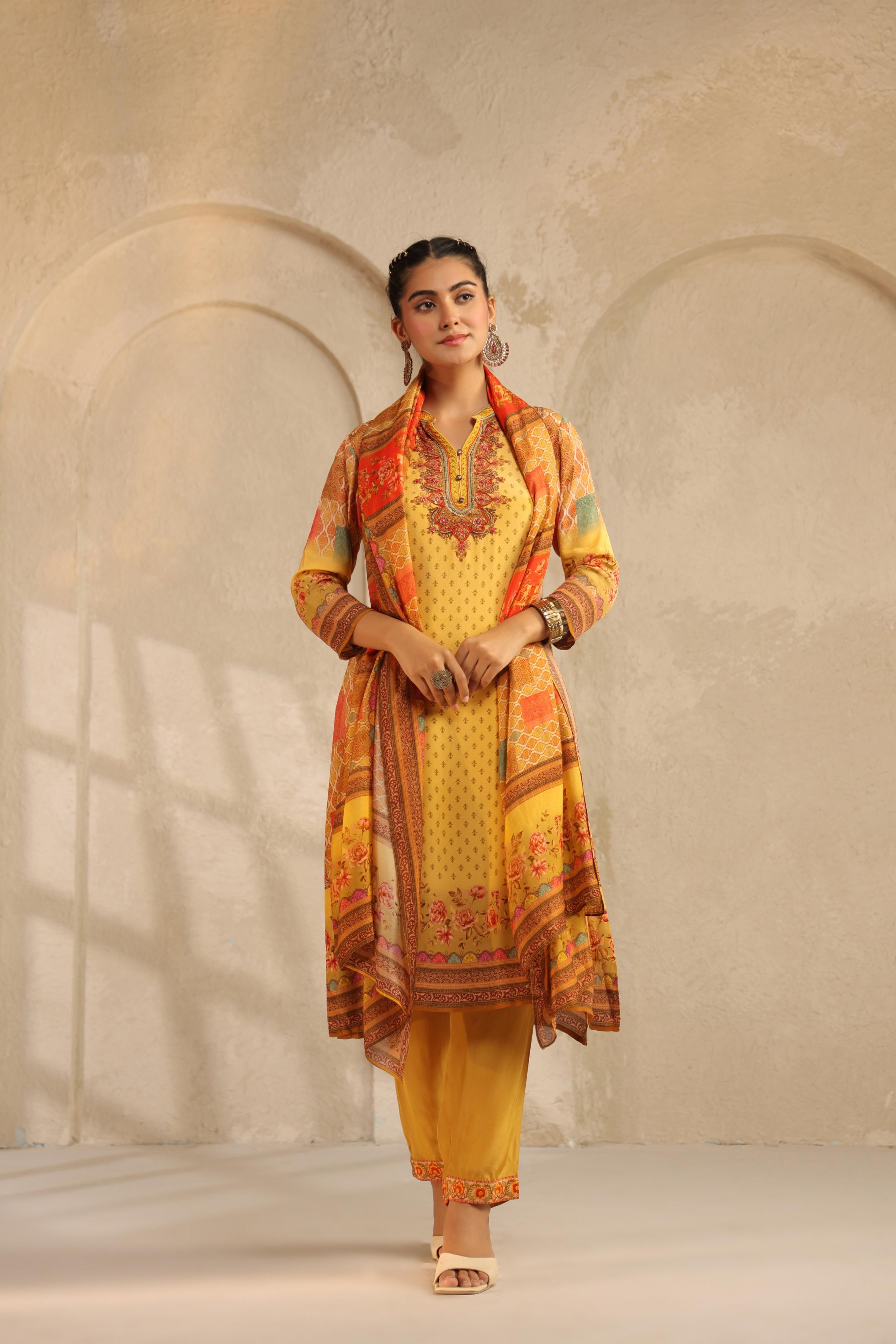 Mustard Yellow Printed Viscose Crepe Pant Set