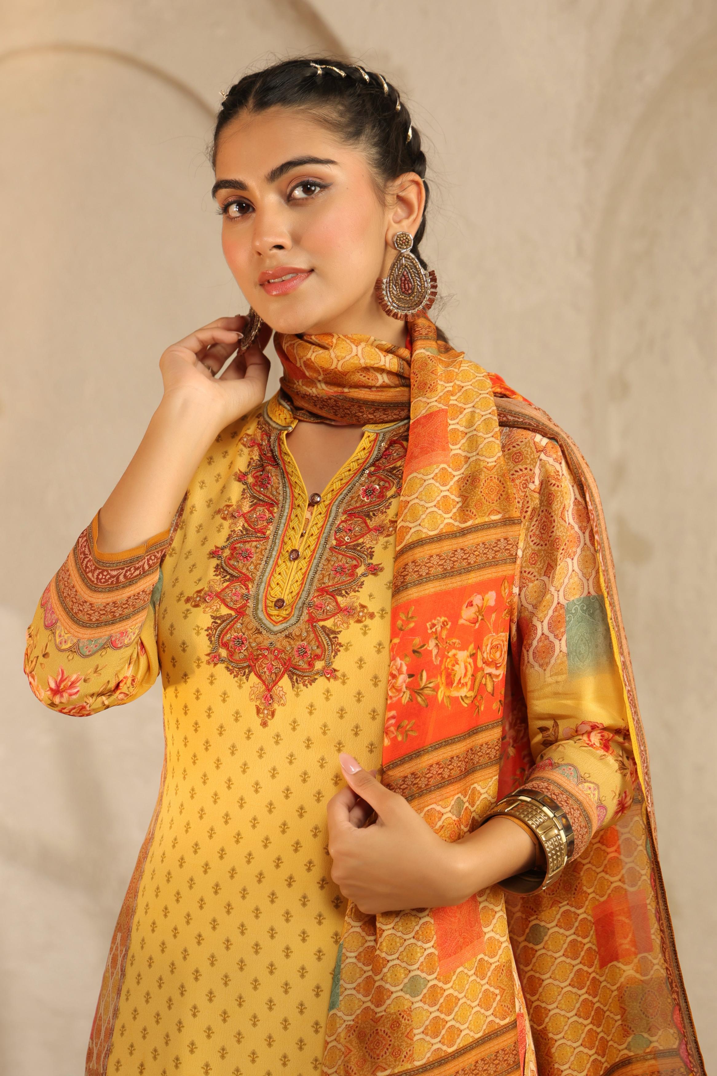 Mustard Yellow Printed Viscose Crepe Pant Set