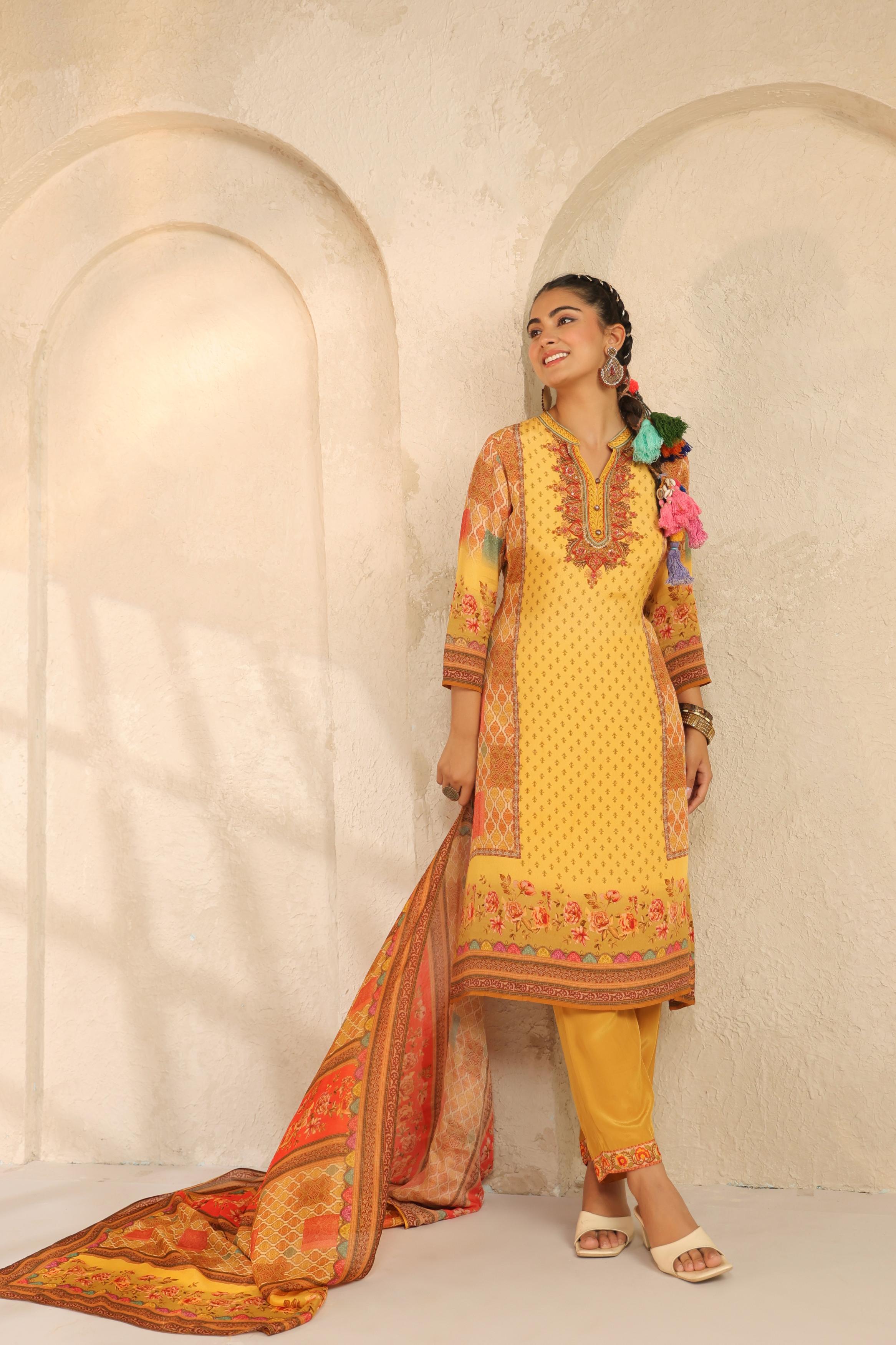 Mustard Yellow Printed Viscose Crepe Pant Set