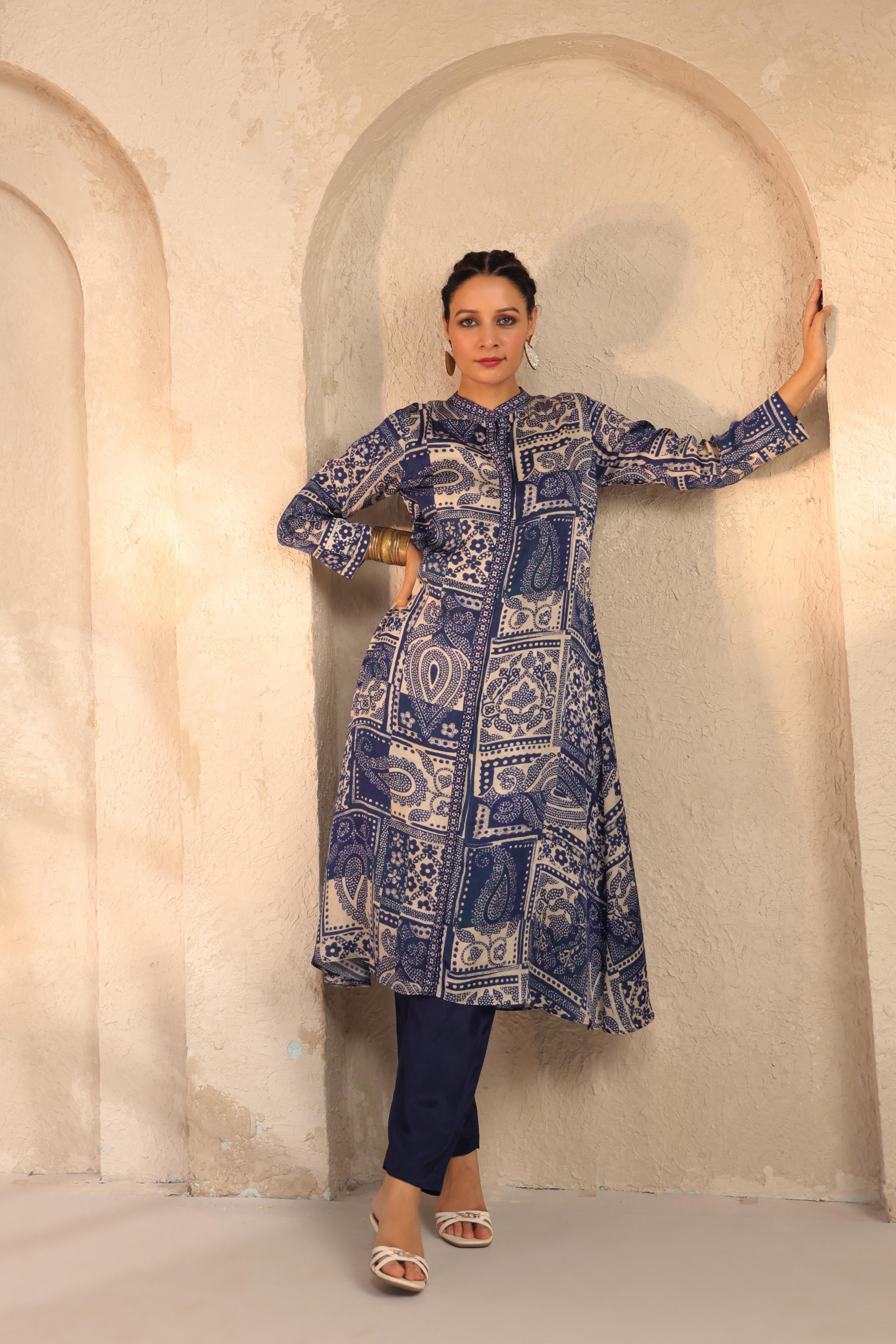 Blue Printed Linen Satin Silk Kurta Set