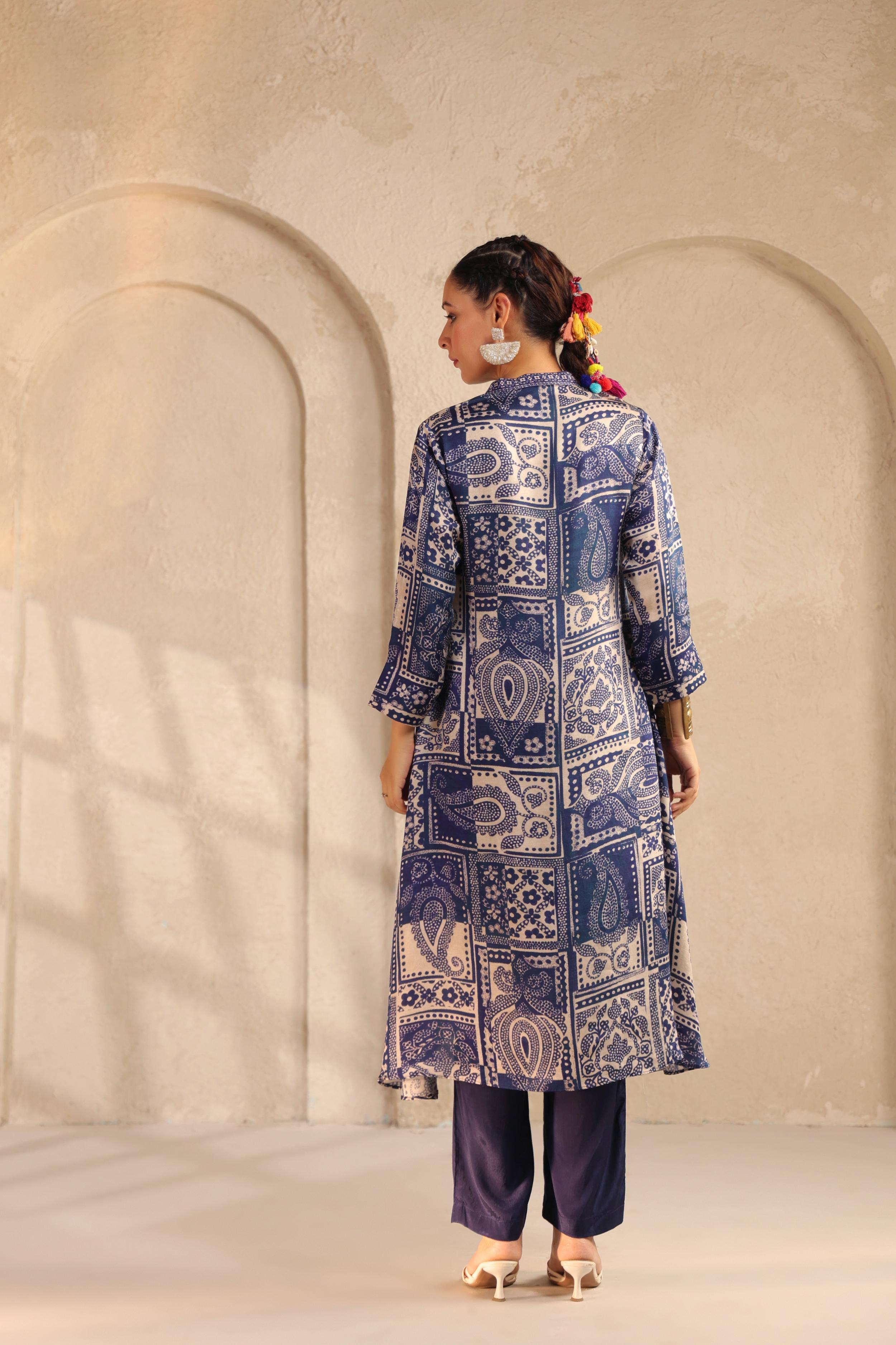 Blue Printed Linen Satin Silk Kurta Set