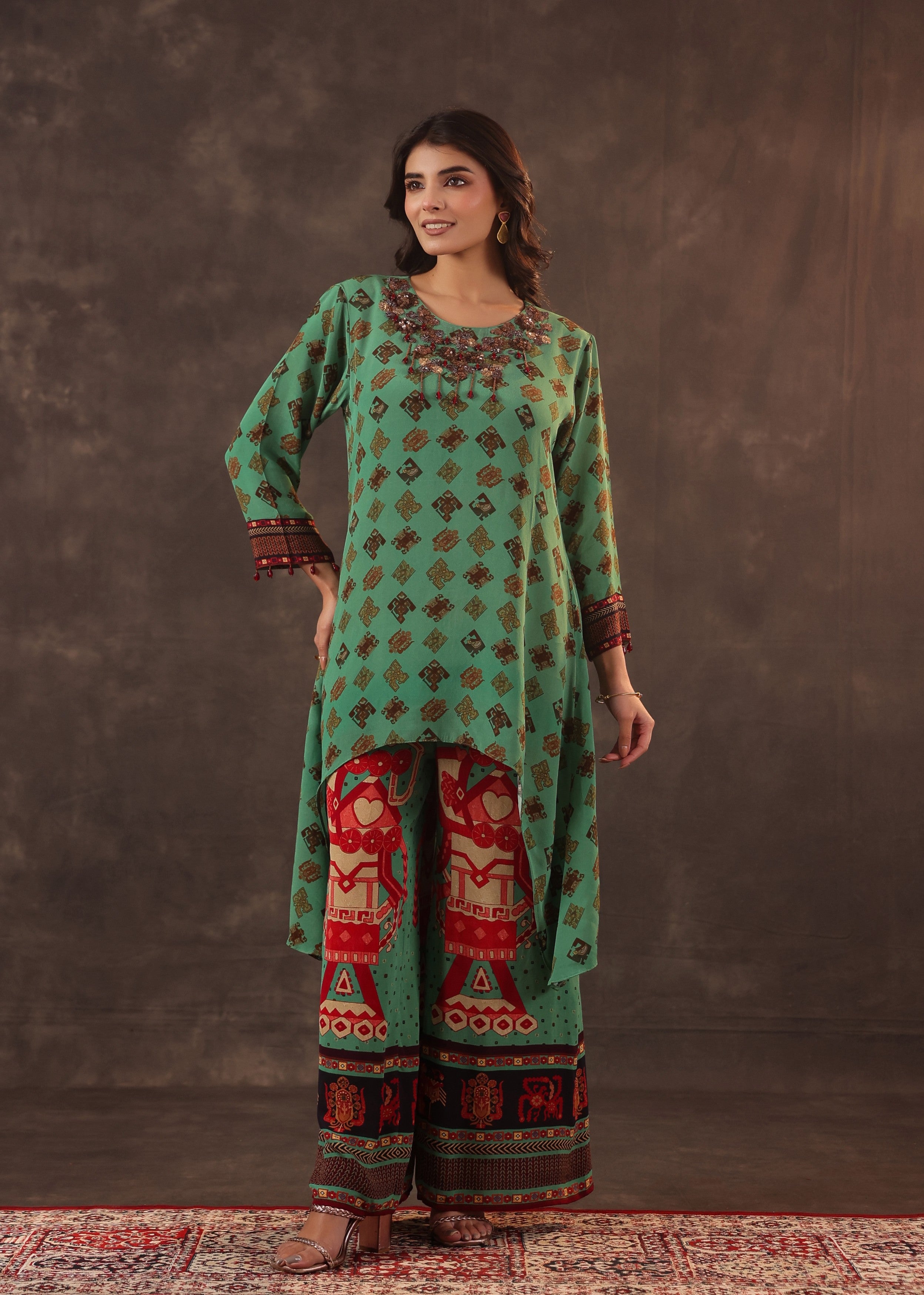 Jade Ethnic Printed Crepe Silk Palazzo Set