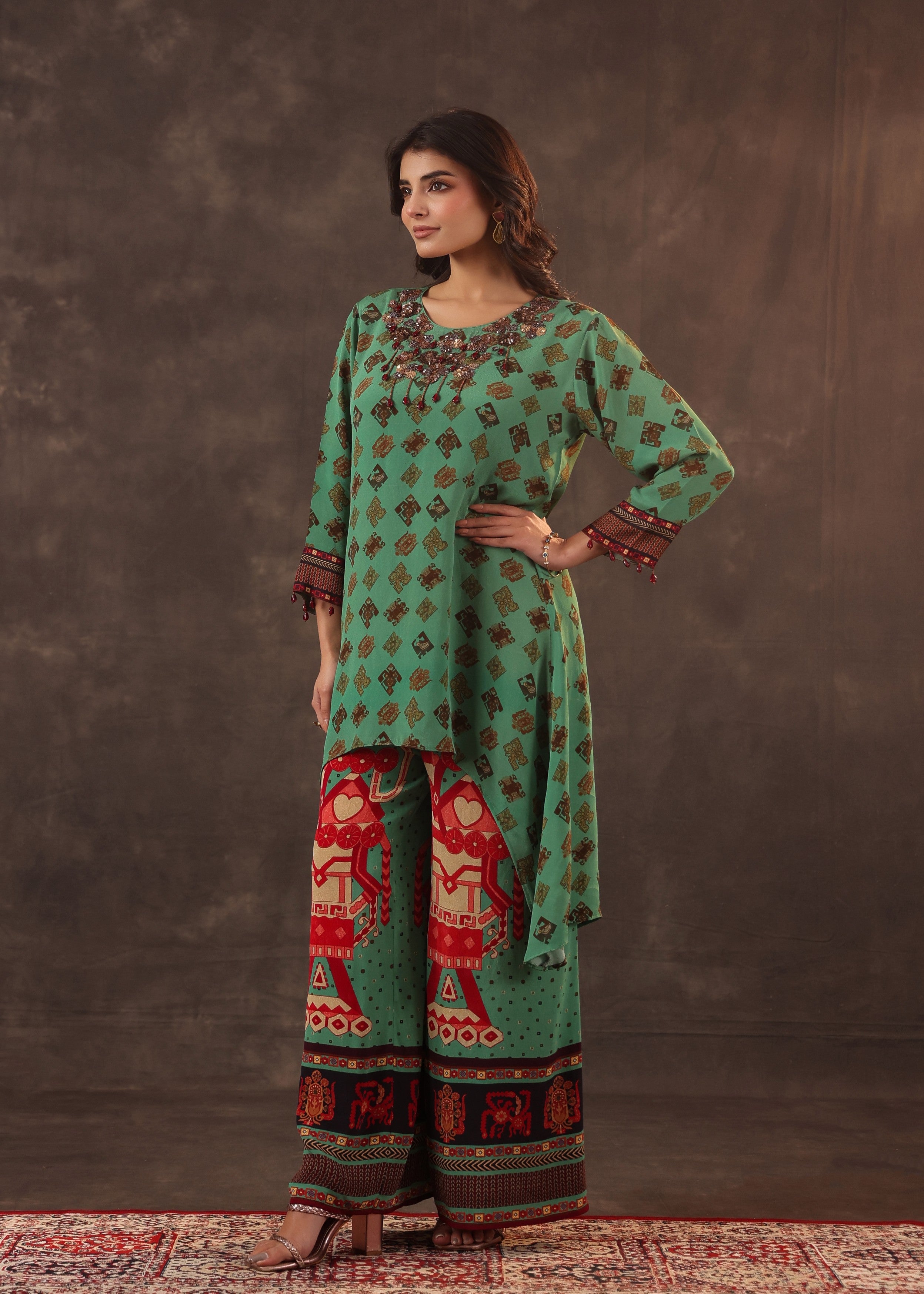Jade Ethnic Printed Crepe Silk Palazzo Set