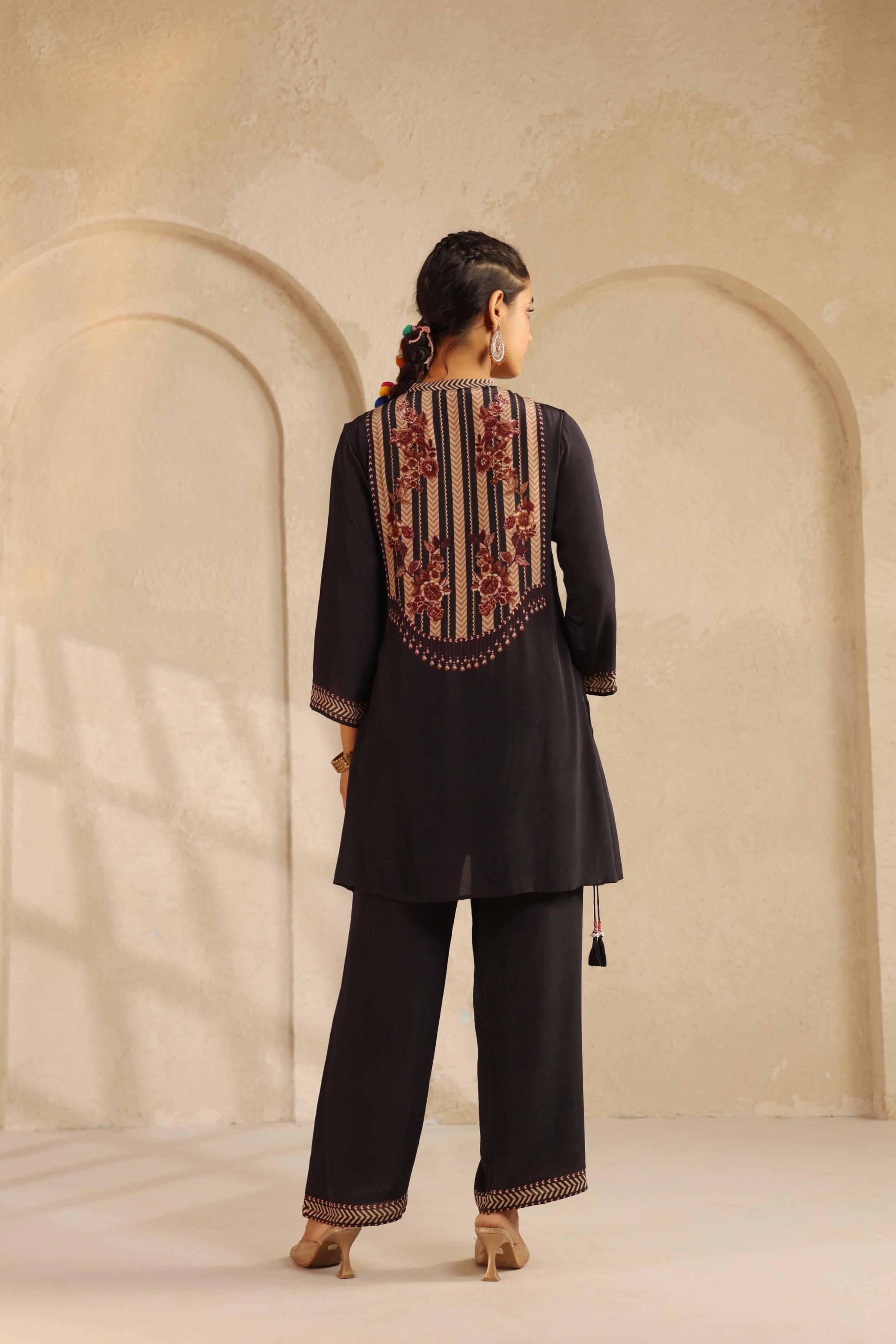 Black Printed Crepe Kurta Set