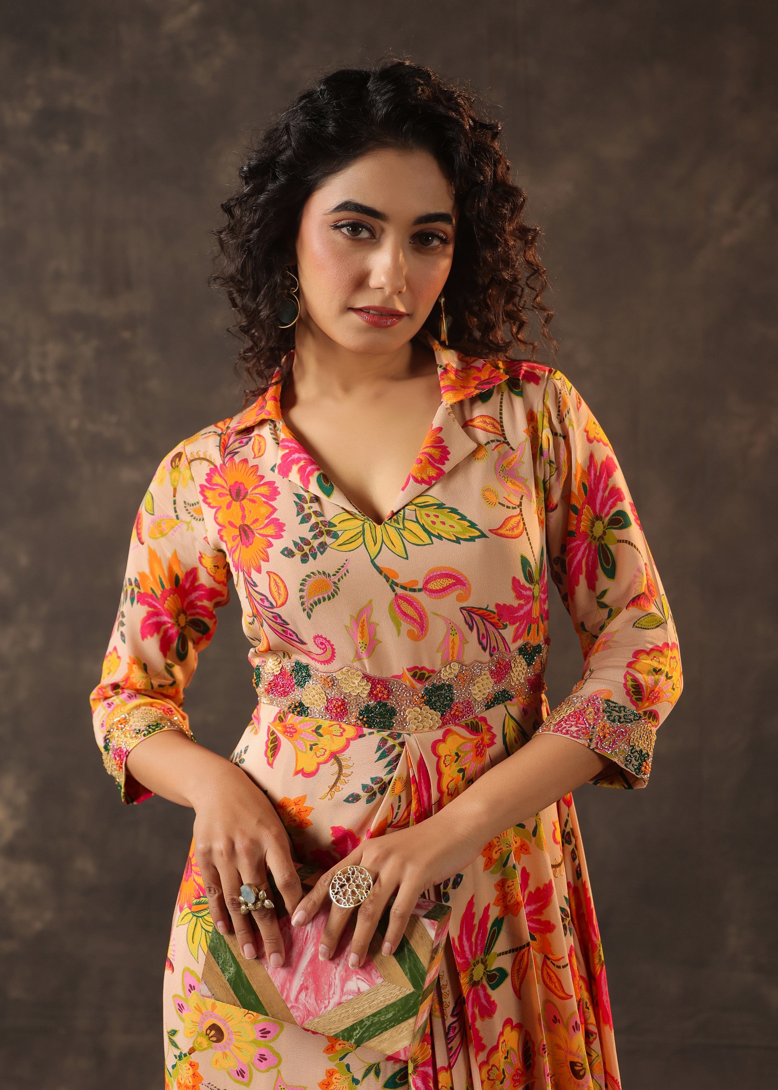 Peach Nectar Printed Crepe Silk Draped Dress