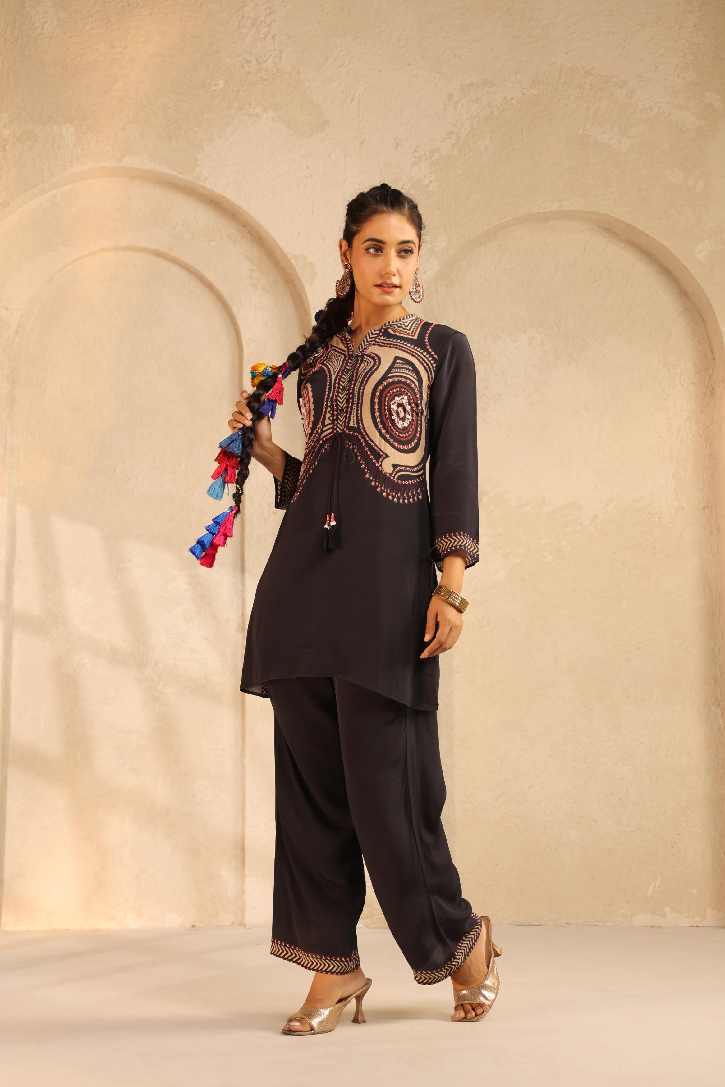 Black Printed Crepe Kurta Set