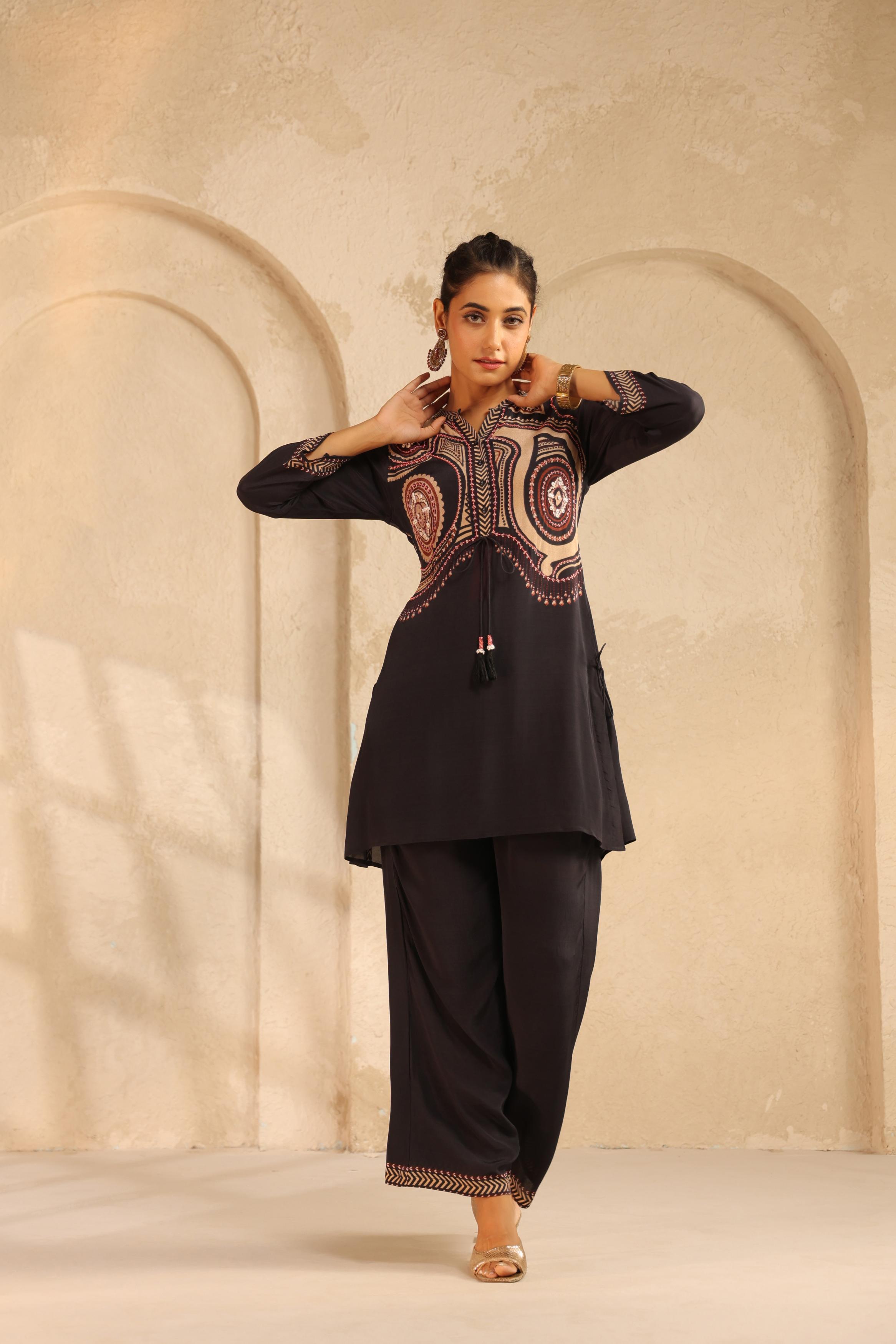 Black Printed Crepe Kurta Set
