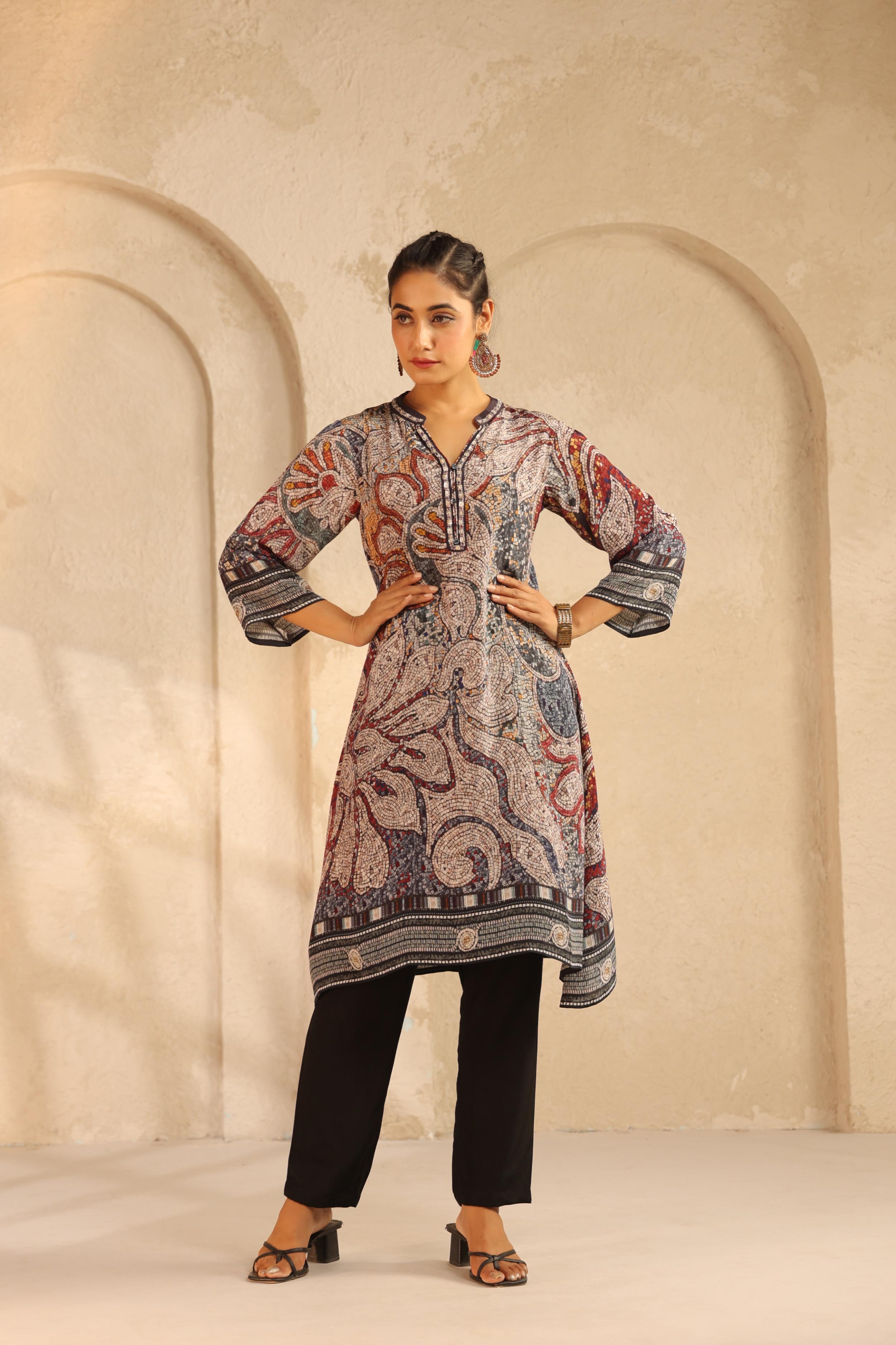 Navy Blue Printed Viscose Crepe Kurta Set