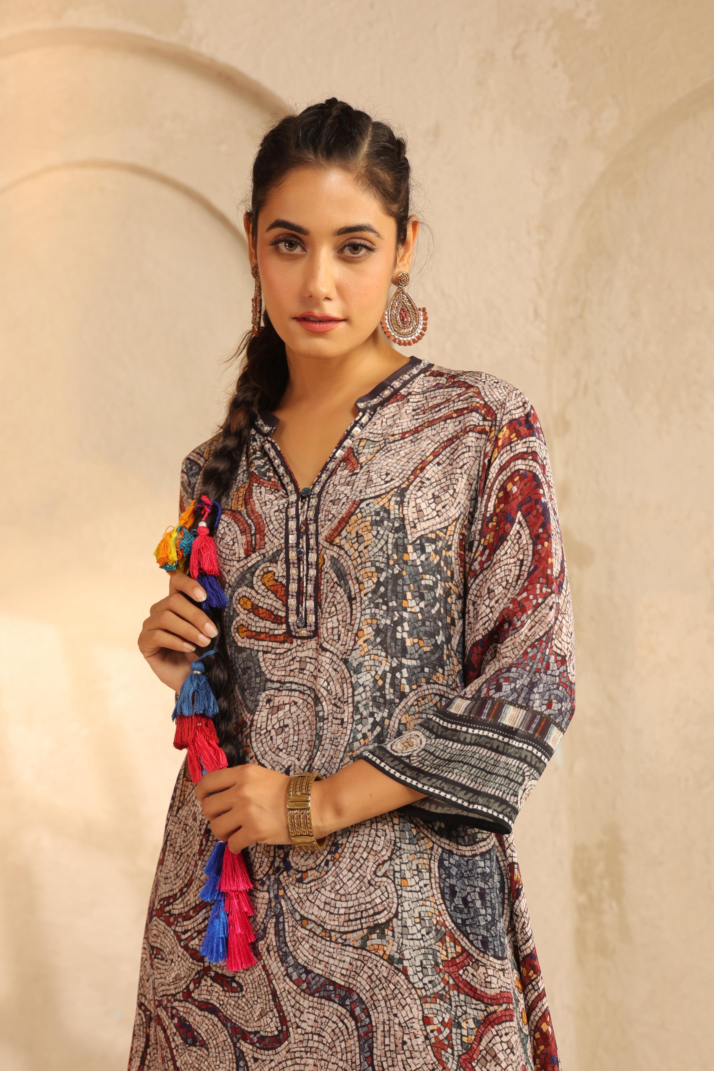 Navy Blue Printed Viscose Crepe Kurta Set