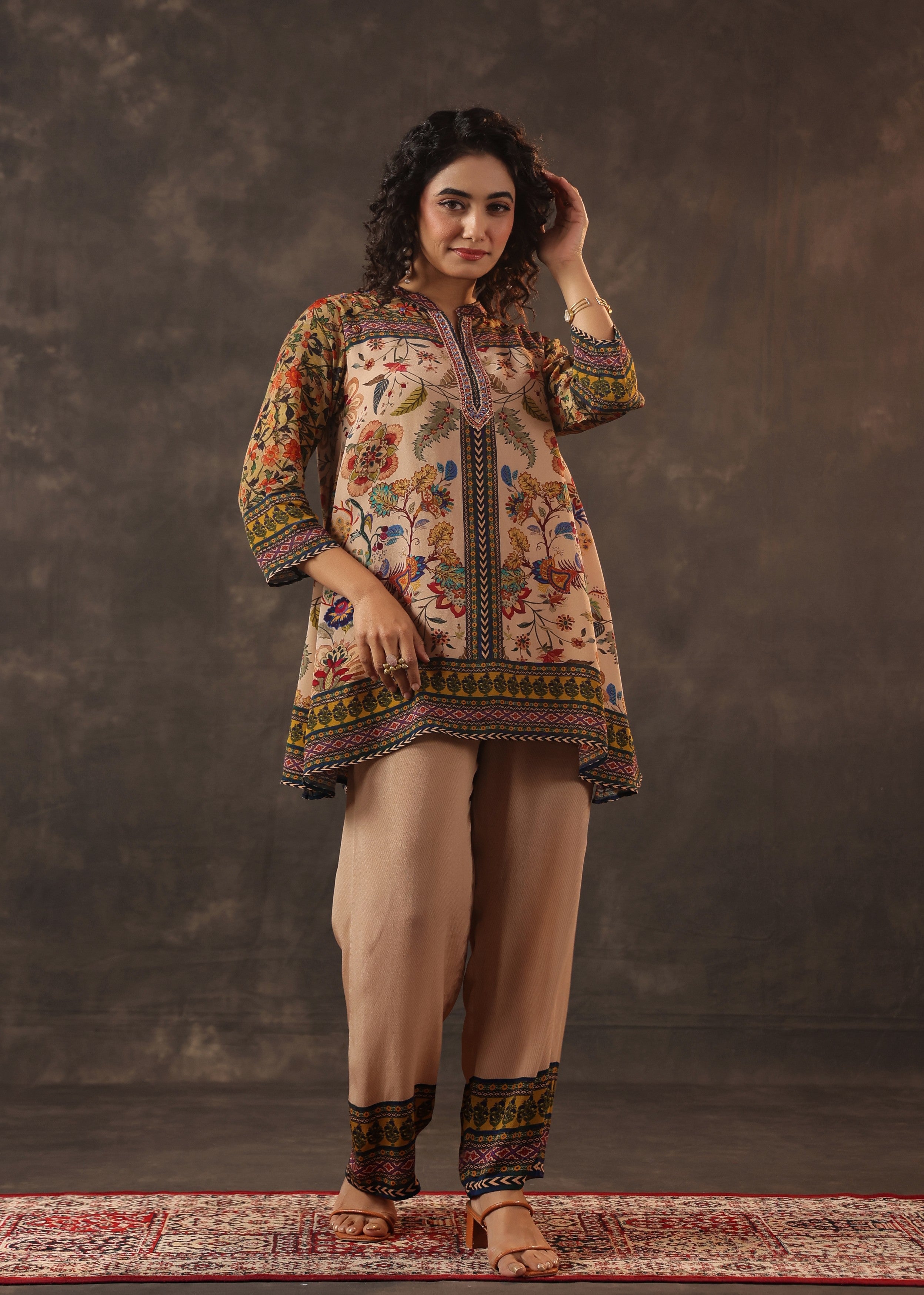 Sandalwood Beige Printed Crepe Silk Co-Ord Set