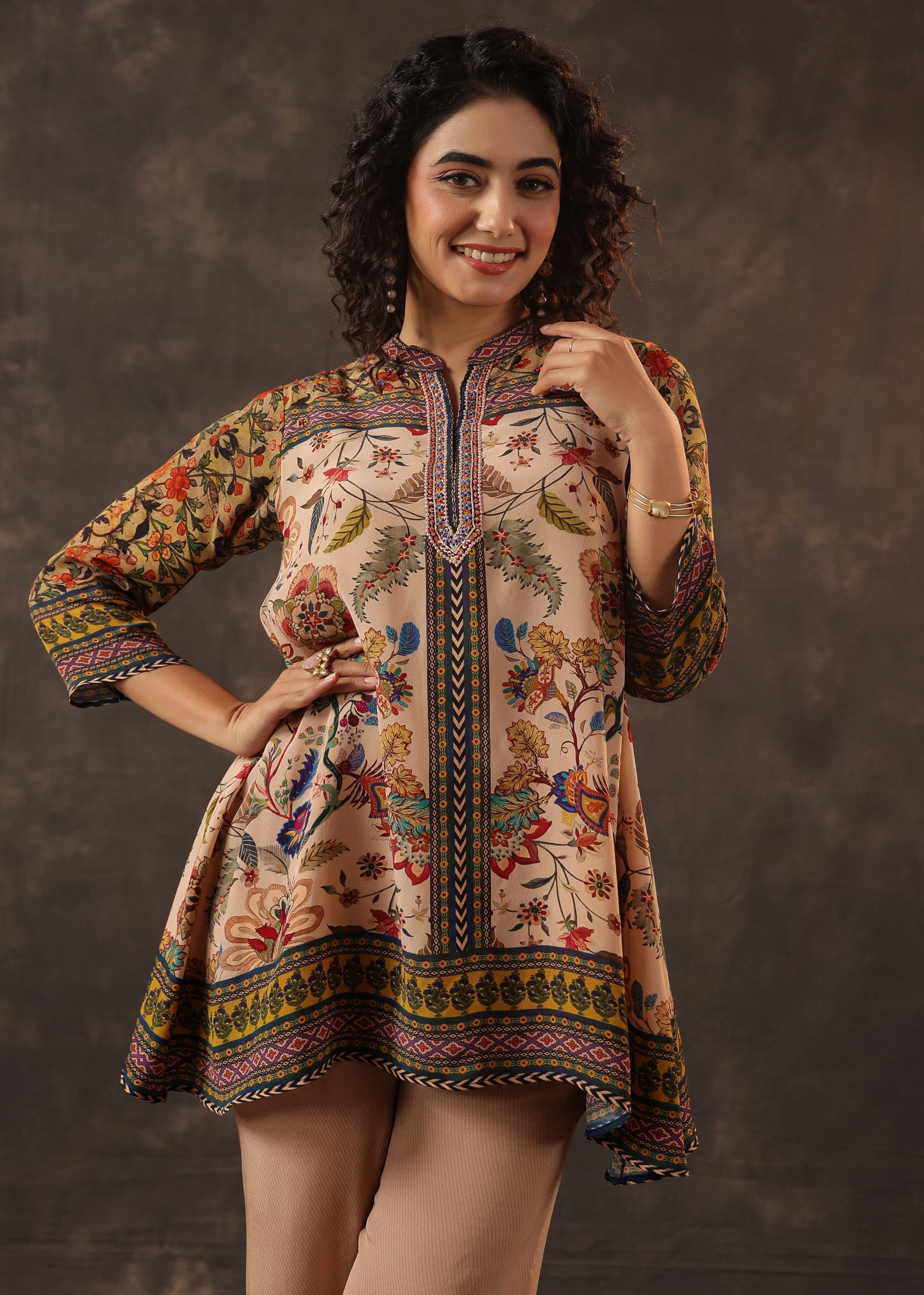 Sandalwood Beige Printed Crepe Silk Co-Ord Set
