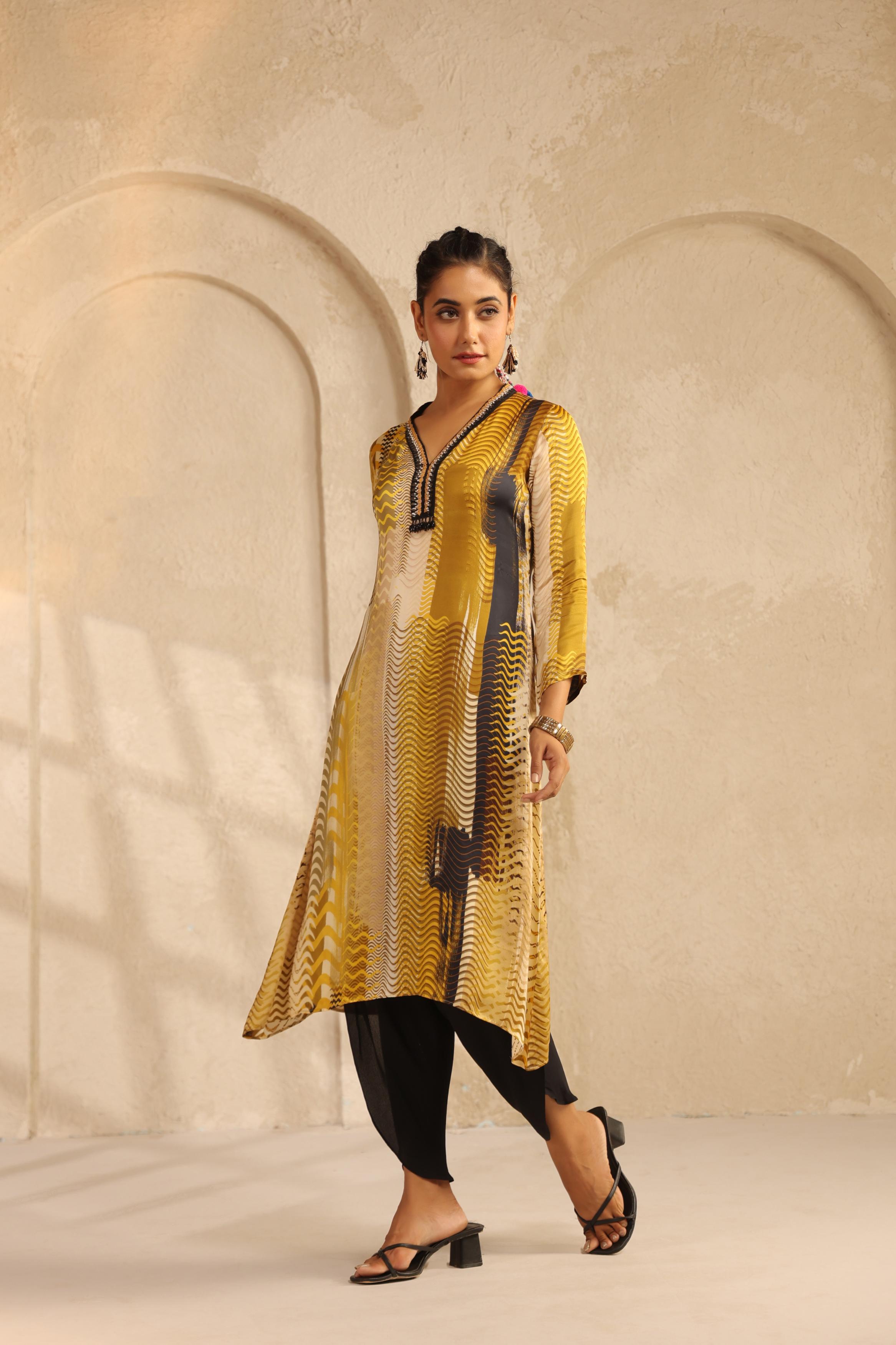 Mustard Printed Bamberg Satin Kurta Set
