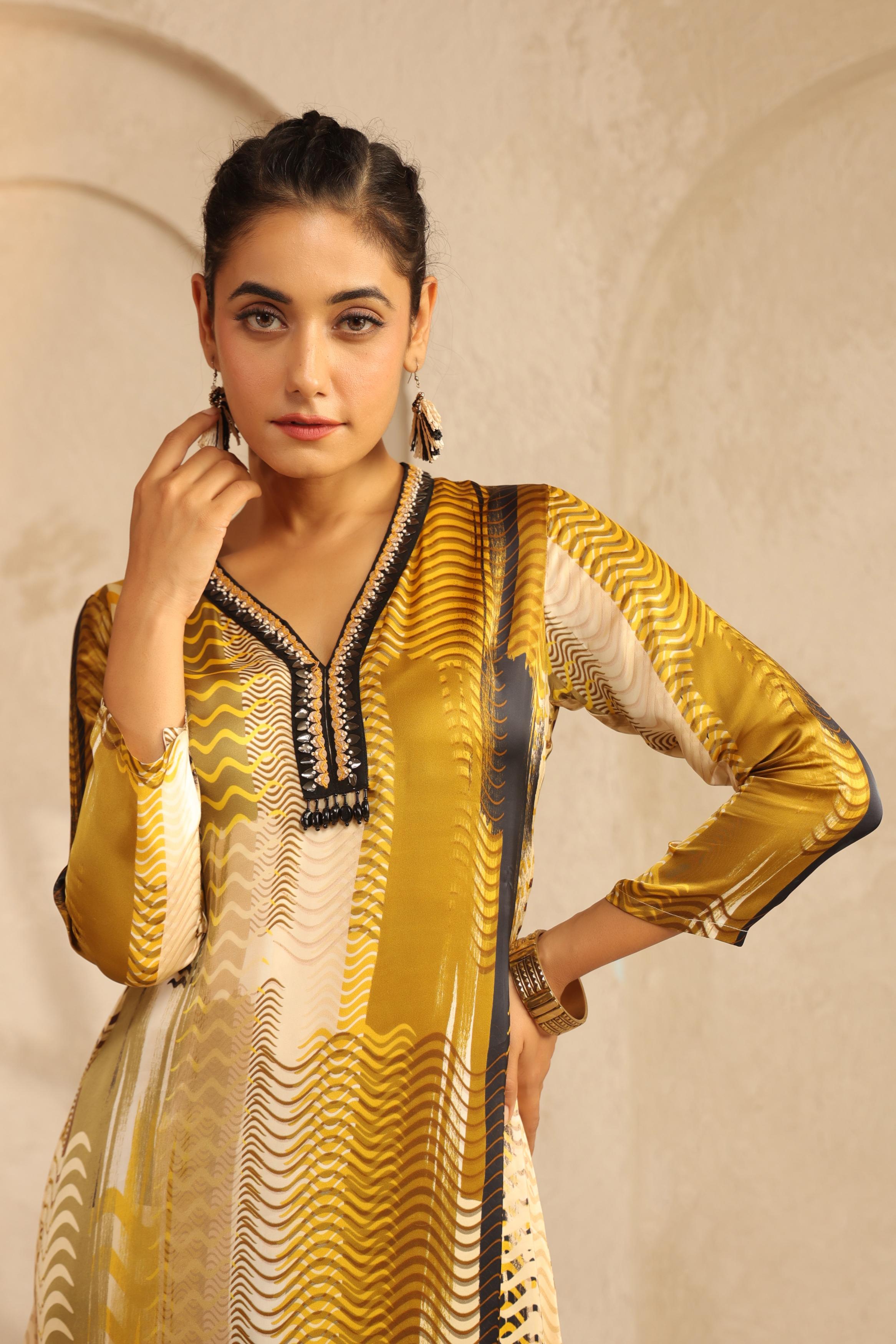 Mustard Printed Bamberg Satin Kurta Set