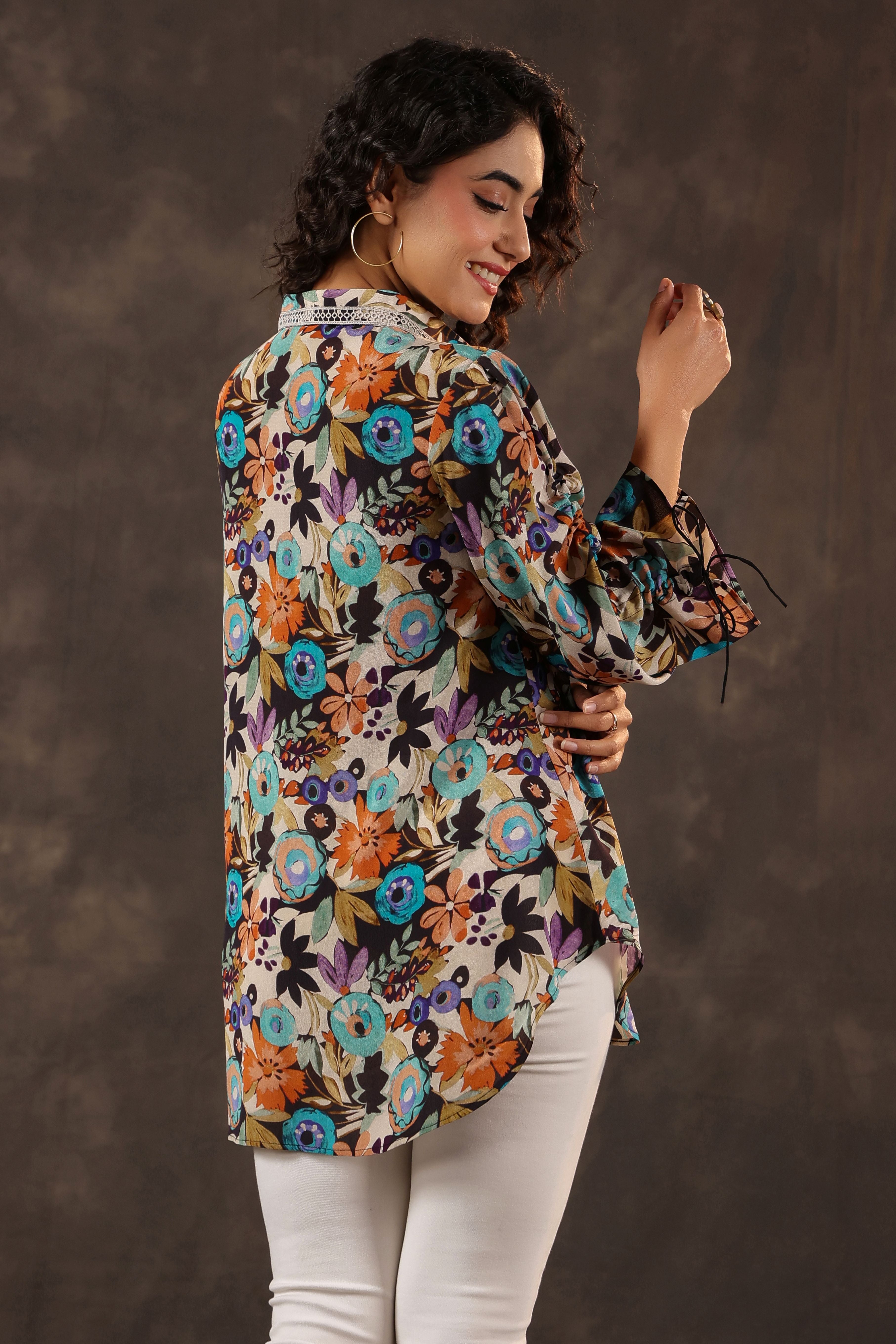 Midnight Bloom Printed Crepe Silk Ruched Top