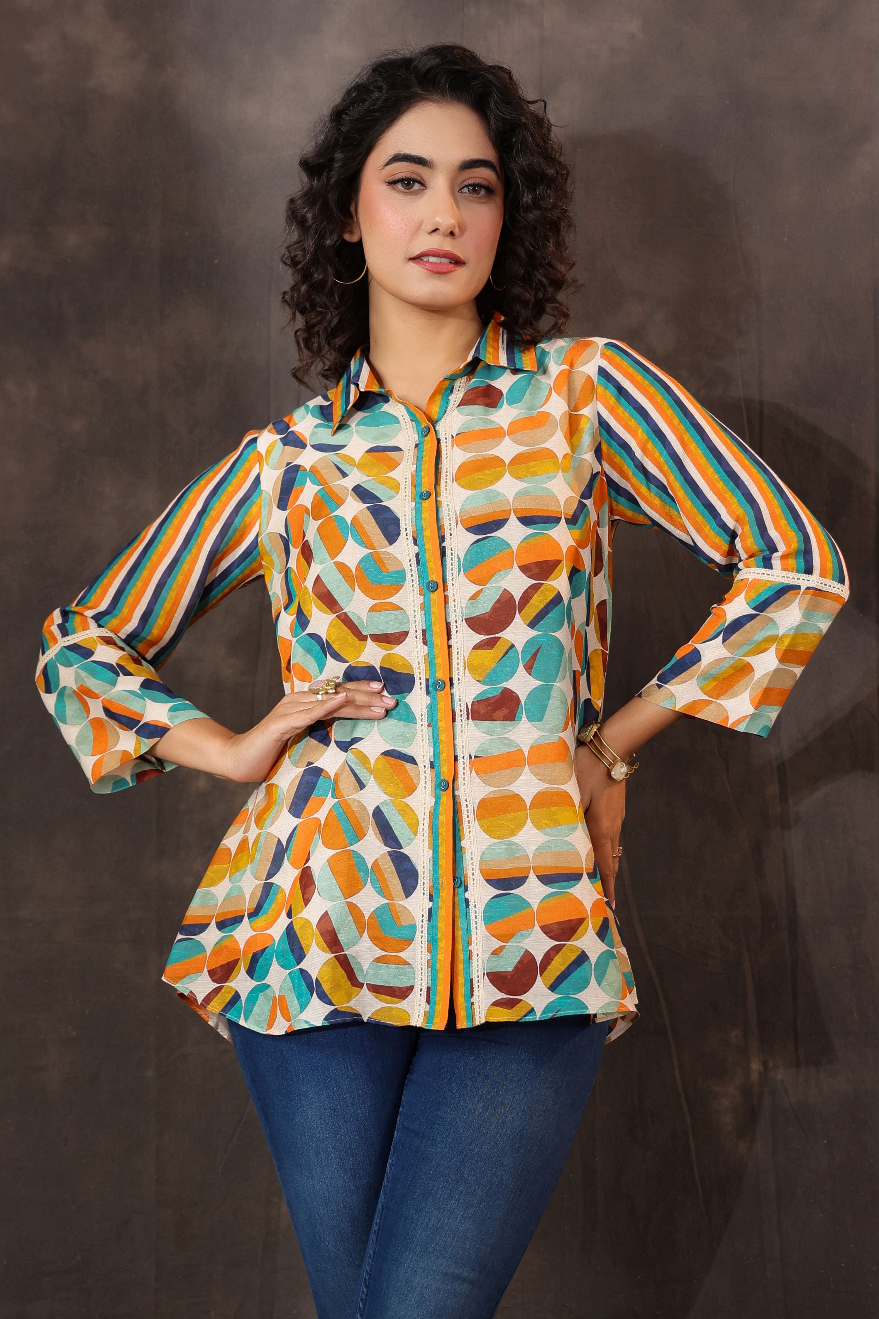 Amber Orange Printed Linen Top
